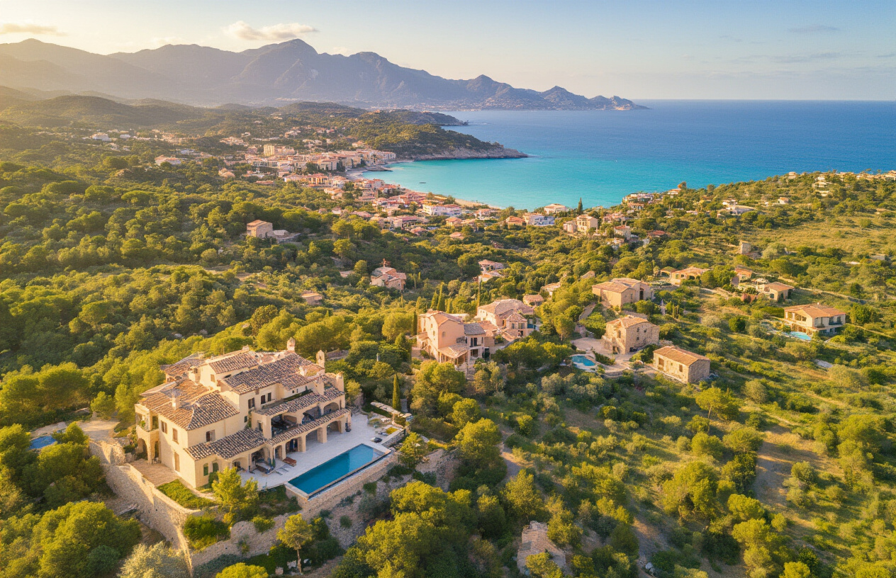 Create a realistic image of a stunning aerial view of Mallorca's diverse real estate landscape, showcasing a mix of a luxurious Mediterranean villa with terracotta rooftops, modern upscale apartments, and traditional stone country houses nestled among lush green hills and turquoise coastal waters, with the island's scenic mountains visible in the background, bathed in warm golden sunlight that conveys a sense of stability, prosperity, and timeless appeal. Absolutely NO text should be in the scene.