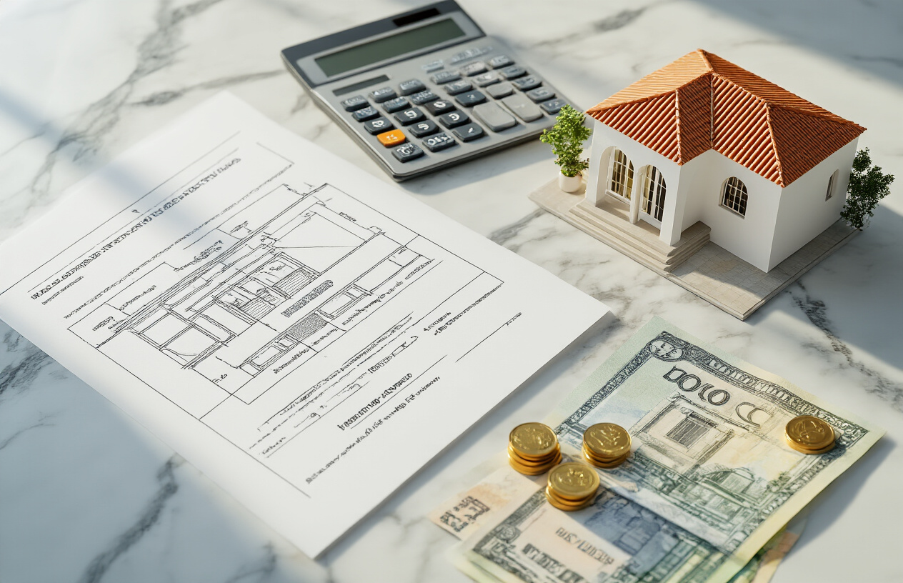 Create a realistic image of a neatly arranged flat lay on a marble desk surface featuring a set of official-looking documents, a calculator, euro banknotes and coins, architectural renovation blueprints, and a small model of a Mediterranean-style white villa, with warm natural lighting casting soft shadows across the scene, conveying a sense of financial planning and property investment, set against a clean and professional background. Absolutely NO text should be in the scene.