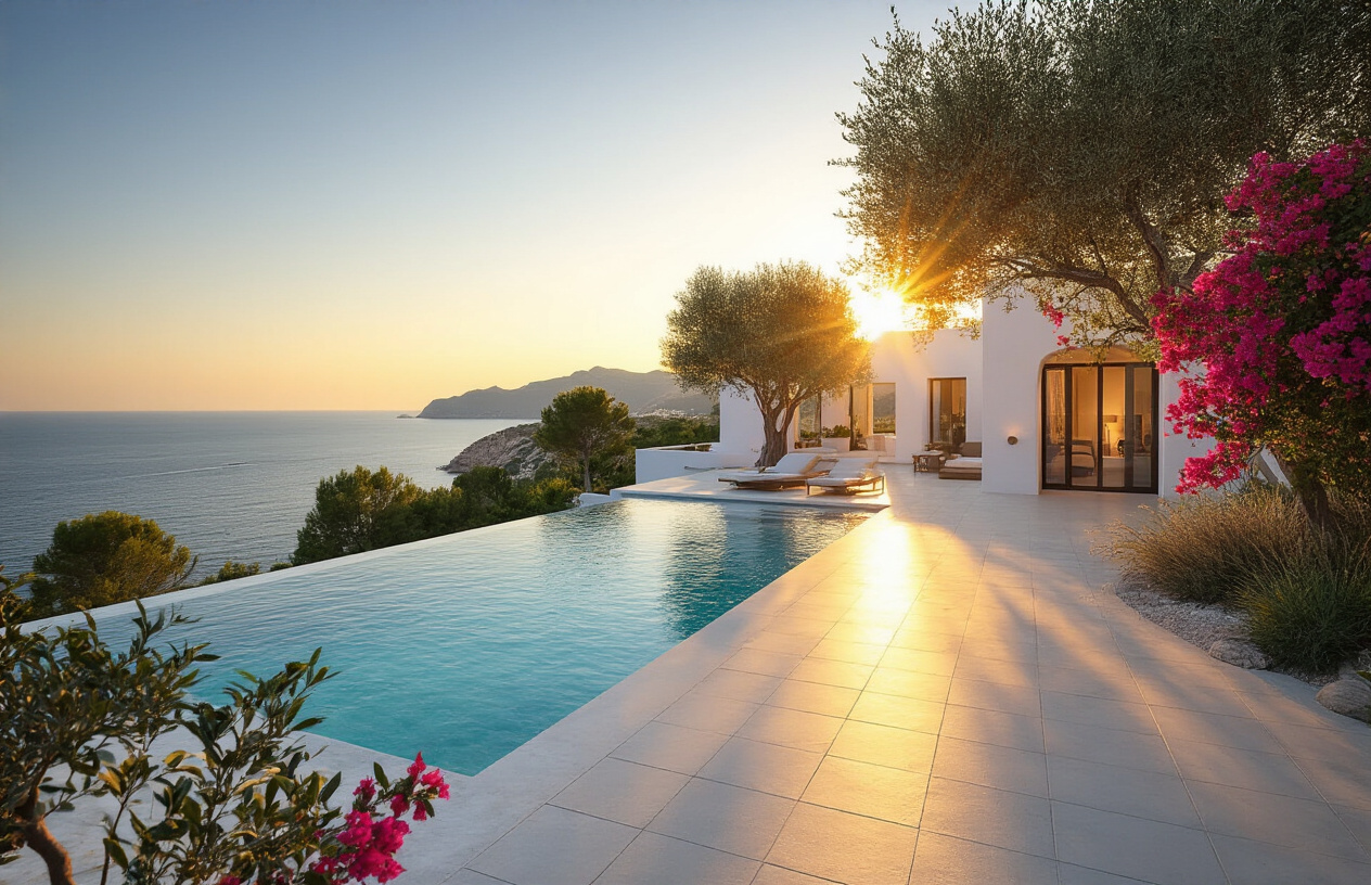 Create a realistic image of a stunning luxury Ibiza villa with a private infinity pool overlooking the Mediterranean Sea, captured during golden hour with warm, glowing sunlight casting long shadows across the terrace, surrounded by lush Mediterranean landscaping including olive trees and bougainvillea, the architecture featuring classic Ibizan white-washed walls and modern design elements, the scene conveying a sense of exclusivity, achievement, and aspirational living, with a serene and optimistic mood suggesting the reward of a successful property investment, Absolutely NO text should be in the scene.