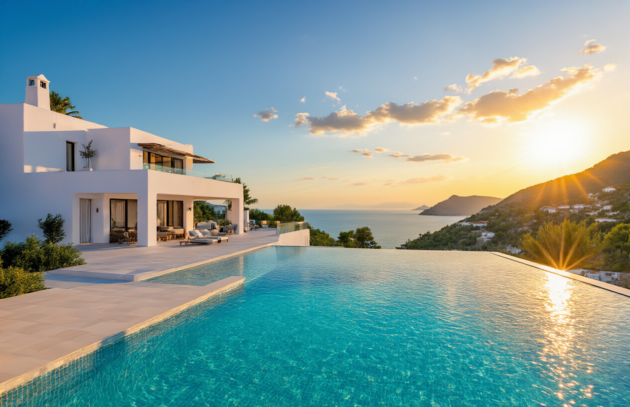 Create a realistic image of a stunning luxury Ibiza villa with white Mediterranean architecture perched on a hillside overlooking the turquoise sea, with a sleek infinity pool in the foreground reflecting the warm golden sunlight, conveying a sense of high-value real estate in an upward market, shot during golden hour with rich warm lighting that emphasizes the property's prestige and desirability, the scene exuding exclusivity and rising demand, with lush greenery and a clear blue sky completing the backdrop. Absolutely NO text should be in the scene.