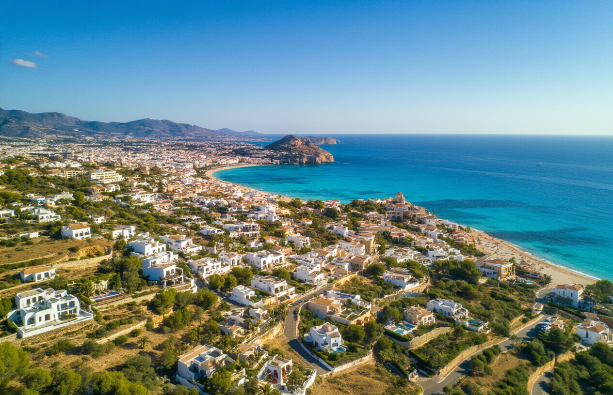 Create a realistic image of an aerial view of Ibiza island showcasing multiple distinct neighborhoods and coastal areas, with varied architectural styles visible across different zones — including whitewashed luxury villas near the coastline, hillside properties with Mediterranean gardens, and upscale areas near the water, with warm golden sunlight casting soft shadows across the landscape, conveying a sense of geographic diversity and premium real estate spread across the island, shot from a high drone perspective with a clear blue sky above and turquoise Mediterranean waters visible along the edges. Absolutely NO text should be in the scene.