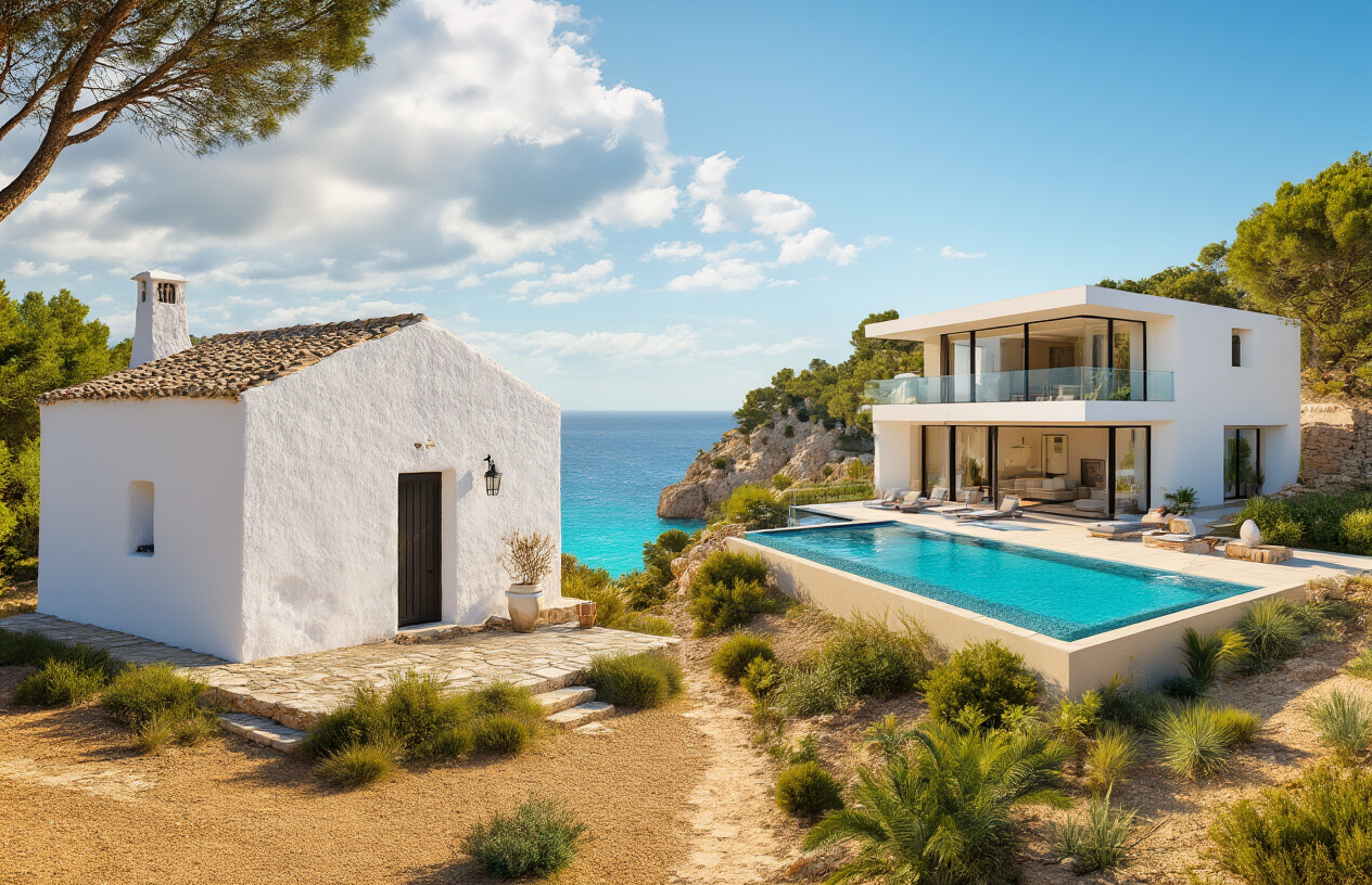 Create a realistic image of a visually striking side-by-side comparison of two distinct Ibiza properties representing different budget tiers, showing on one side a modest but charming whitewashed Spanish-style house with a small terrace and garden in a rural Ibiza setting, and on the other side a luxurious modern Ibiza villa with an infinity pool overlooking the Mediterranean Sea, lush landscaping, and panoramic views, bathed in warm golden Mediterranean sunlight, with a clear blue sky and turquoise sea visible in the background, conveying a sense of aspiration and real estate value contrast in a sunny, upscale holiday island atmosphere. Absolutely NO text should be in the scene.