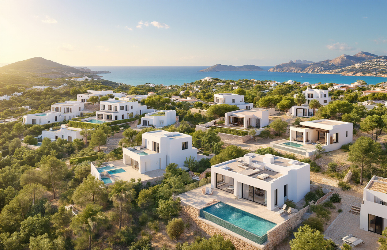 Create a realistic image of a stylish aerial or elevated view of diverse Ibiza properties showcasing a mix of luxury white villas, modern architecture, and Mediterranean-style homes spread across different zones of the island, with lush greenery, turquoise sea glimpses in the background, and a warm golden sunlight casting over the landscape, conveying a sense of premium real estate value and geographic variety across the island, with a clean and professional mood suggesting property market analysis. Absolutely NO text should be in the scene.