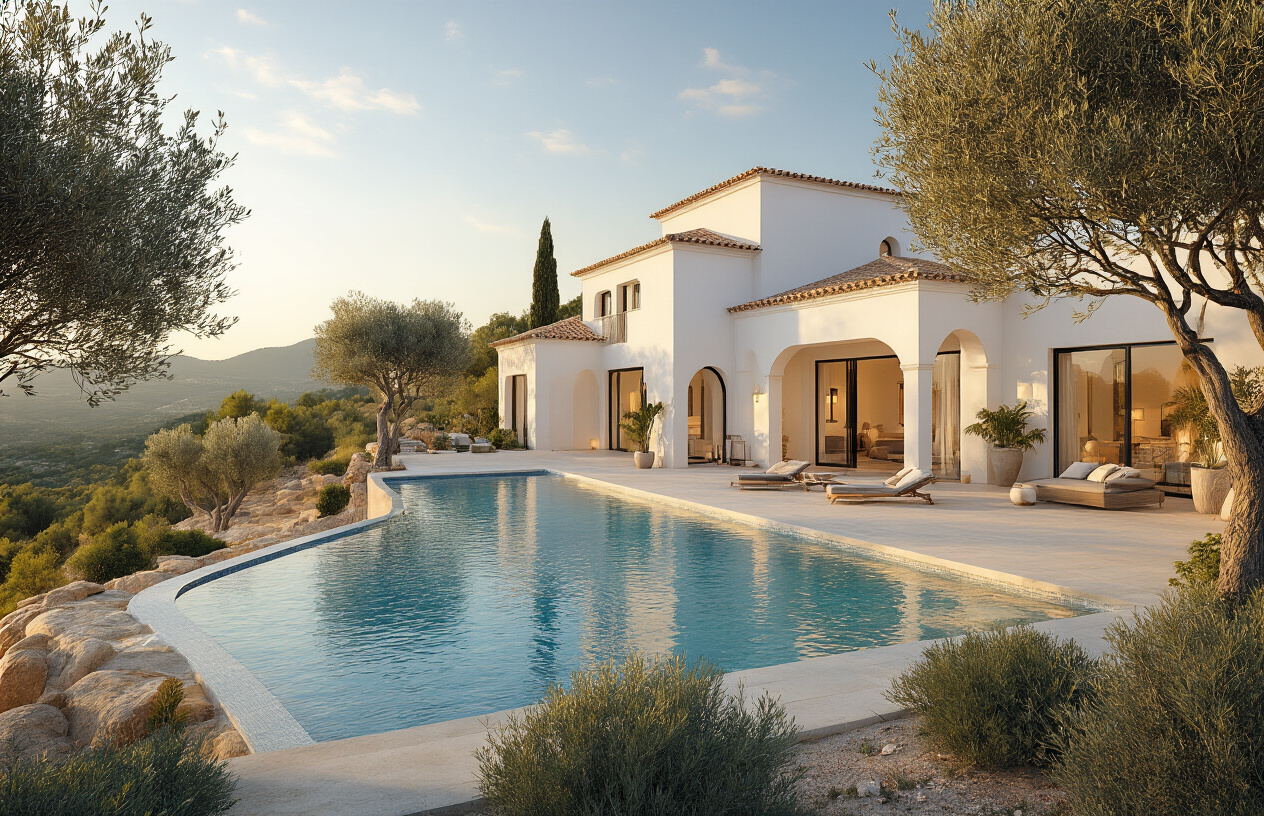 Create a realistic image of a stunning luxury Ibiza villa with a large outdoor swimming pool, surrounded by Mediterranean landscape with olive trees and lush greenery, showcasing the property's high-end architecture featuring white-washed walls, terracotta roofing, and expansive floor-to-ceiling windows, bathed in warm golden sunlight during the late afternoon, with a wide-angle view that emphasizes the property's scale and premium value, conveying an aspirational yet realistic real estate atmosphere. Absolutely NO text should be in the scene.