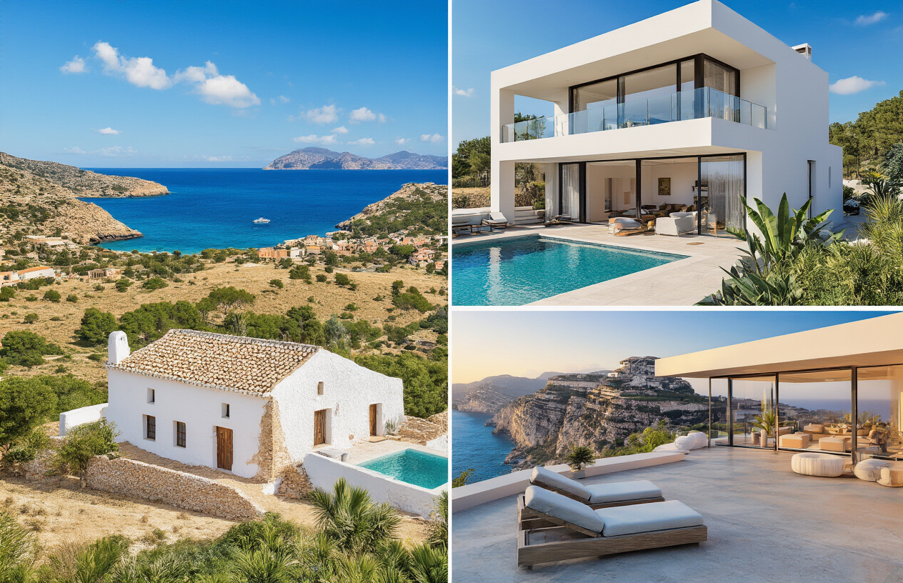 Create a realistic image of a side-by-side visual comparison of three distinct Ibiza property types set against a sunny Mediterranean backdrop, featuring a rustic traditional finca with whitewashed walls and terracotta roof tiles on the left, a mid-range modern villa with a private pool and lush garden in the center, and a luxurious high-end clifftop villa with panoramic sea views and sleek contemporary architecture on the right, bathed in warm golden sunlight with the deep blue Ibiza coastline visible in the background, conveying a sense of aspirational real estate variety and Mediterranean luxury. Absolutely NO text should be in the scene.