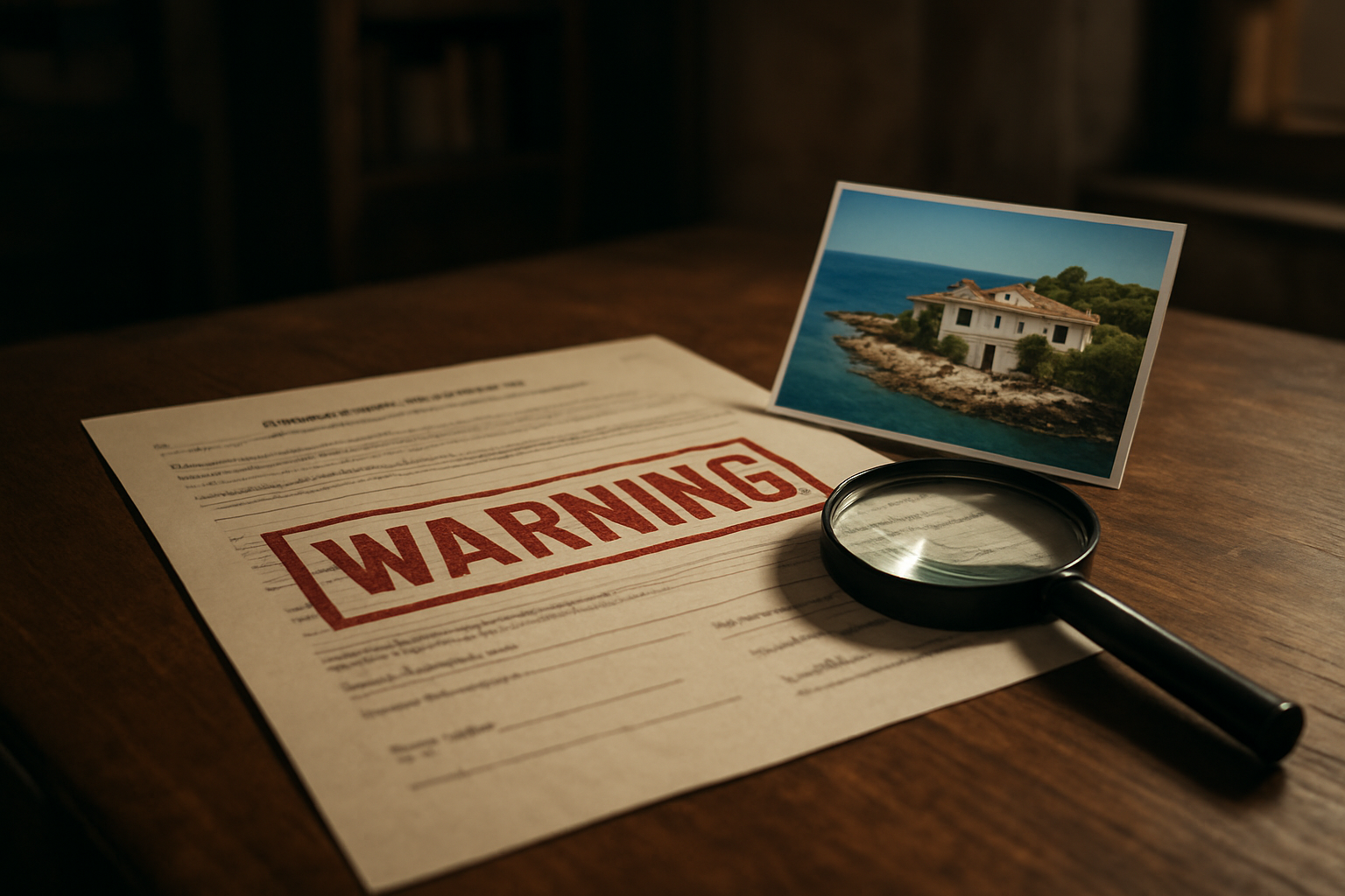 Create a realistic image of a wooden desk with a fraudulent-looking property contract document, a red warning stamp, and a magnifying glass placed on top, alongside a small Sardinian coastal property miniature or photo, set against a blurred background of a rustic Italian office interior, with dramatic side lighting casting shadows to create a tense and cautionary mood, evoking a sense of legal danger and deception targeting unsuspecting foreign buyers. Absolutely NO text should be in the scene.