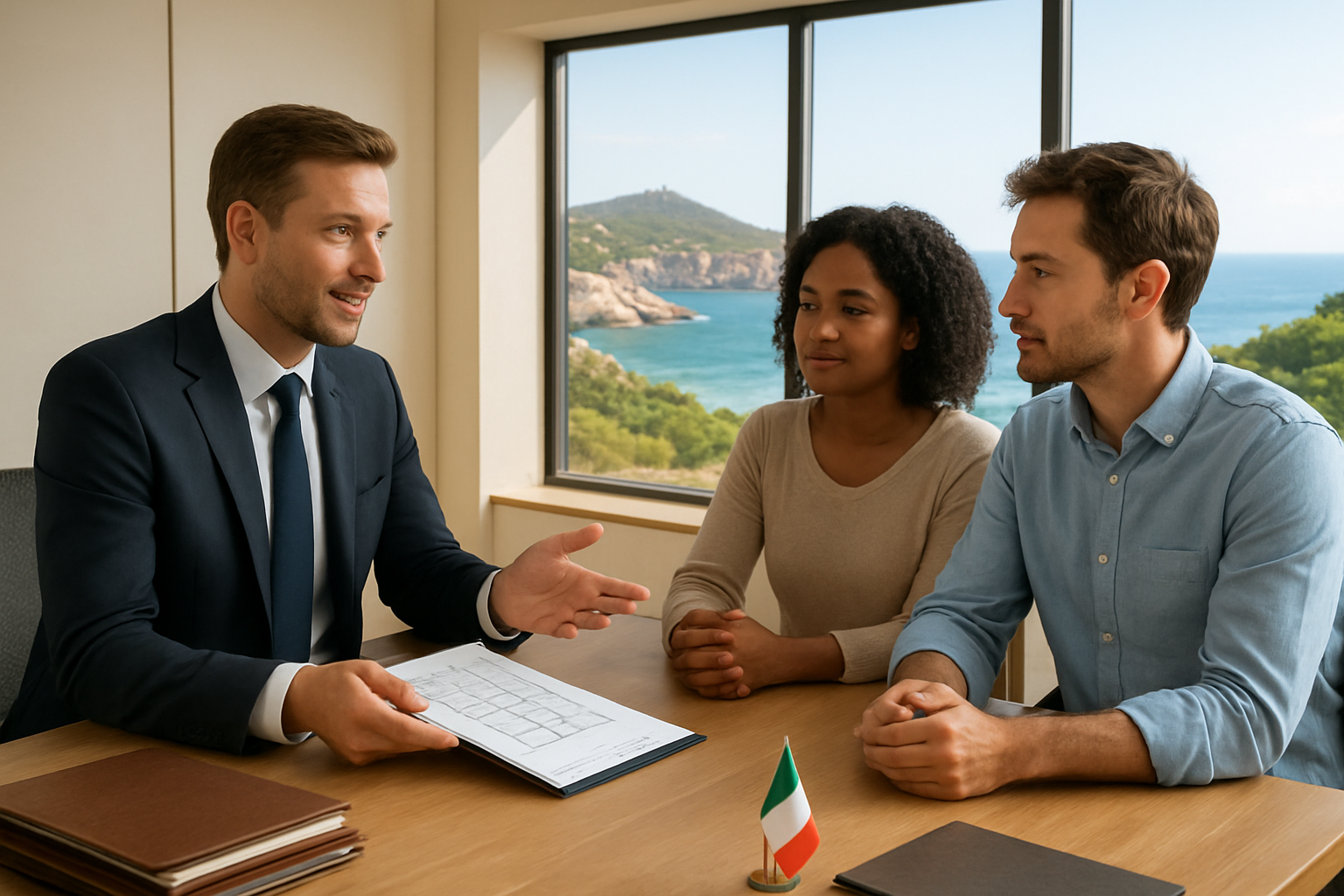 Create a realistic image of a professional legal consultation scene set in a bright, modern office in Sardinia, featuring a white male lawyer in a suit presenting property documents to a diverse group of clients including a black female and a white male couple, with a scenic Sardinian coastal landscape visible through large windows in the background, official-looking folders and a small Italian flag on the desk, warm and professional lighting conveying trust and clarity, Absolutely NO text should be in the scene.