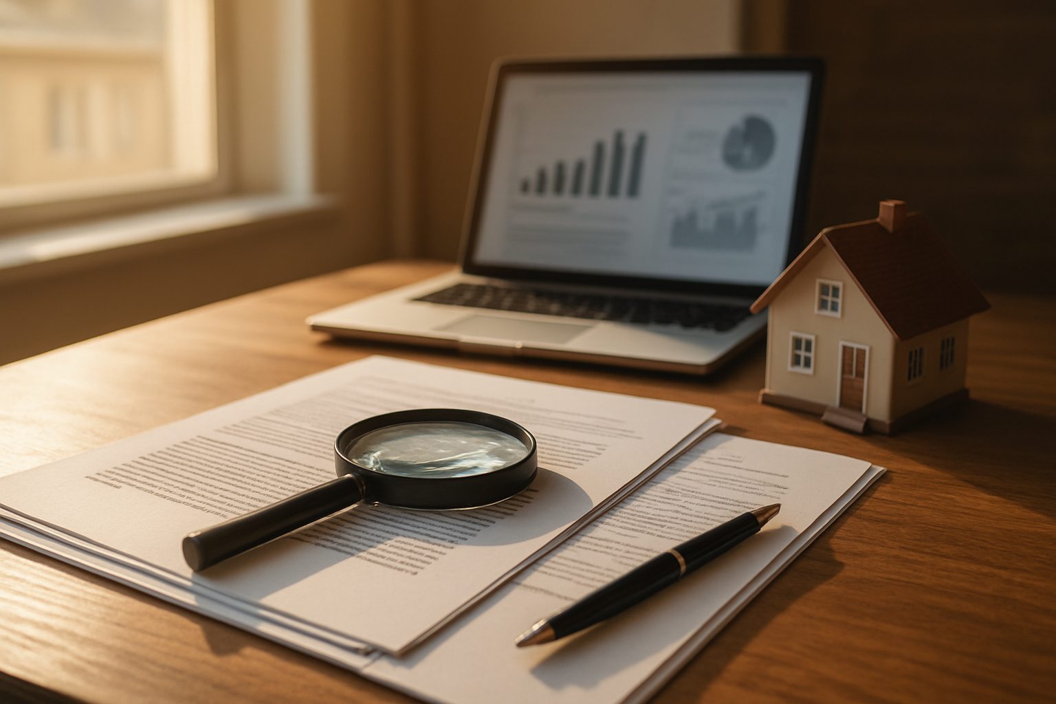 Create a realistic image of a wooden desk in a sunlit office space with a neatly organized set of due diligence documents, a magnifying glass placed over a property contract, a small model house, and a pen resting beside the papers, with a laptop open in the background displaying charts and property data, conveying a professional and thorough investment review atmosphere, warm natural light coming through a nearby window, creating a focused and trustworthy mood. Absolutely NO text should be in the scene.