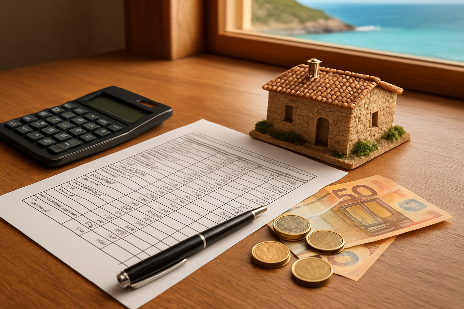 Create a realistic image of a neatly organized flat lay on a wooden desk surface featuring a detailed financial breakdown document, a small model of a rustic Sardinian stone villa, euro banknotes and coins, a calculator, and a pen, with a soft warm natural light coming from the side, evoking a professional yet approachable financial planning mood, with the iconic Sardinian turquoise coastline subtly visible through a window in the background. Absolutely NO text should be in the scene.