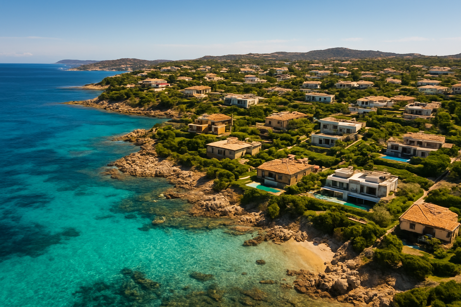 Create a realistic image of a stunning aerial view of Sardinia's coastline in 2026, featuring crystal-clear turquoise waters, luxury villas, and modern residential properties nestled along rocky cliffs and sandy beaches, with a mix of traditional Sardinian architecture and contemporary upscale homes visible inland, bathed in warm Mediterranean sunlight under a clear blue sky, conveying a sense of prosperity and a thriving real estate market. Absolutely NO text should be in the scene.