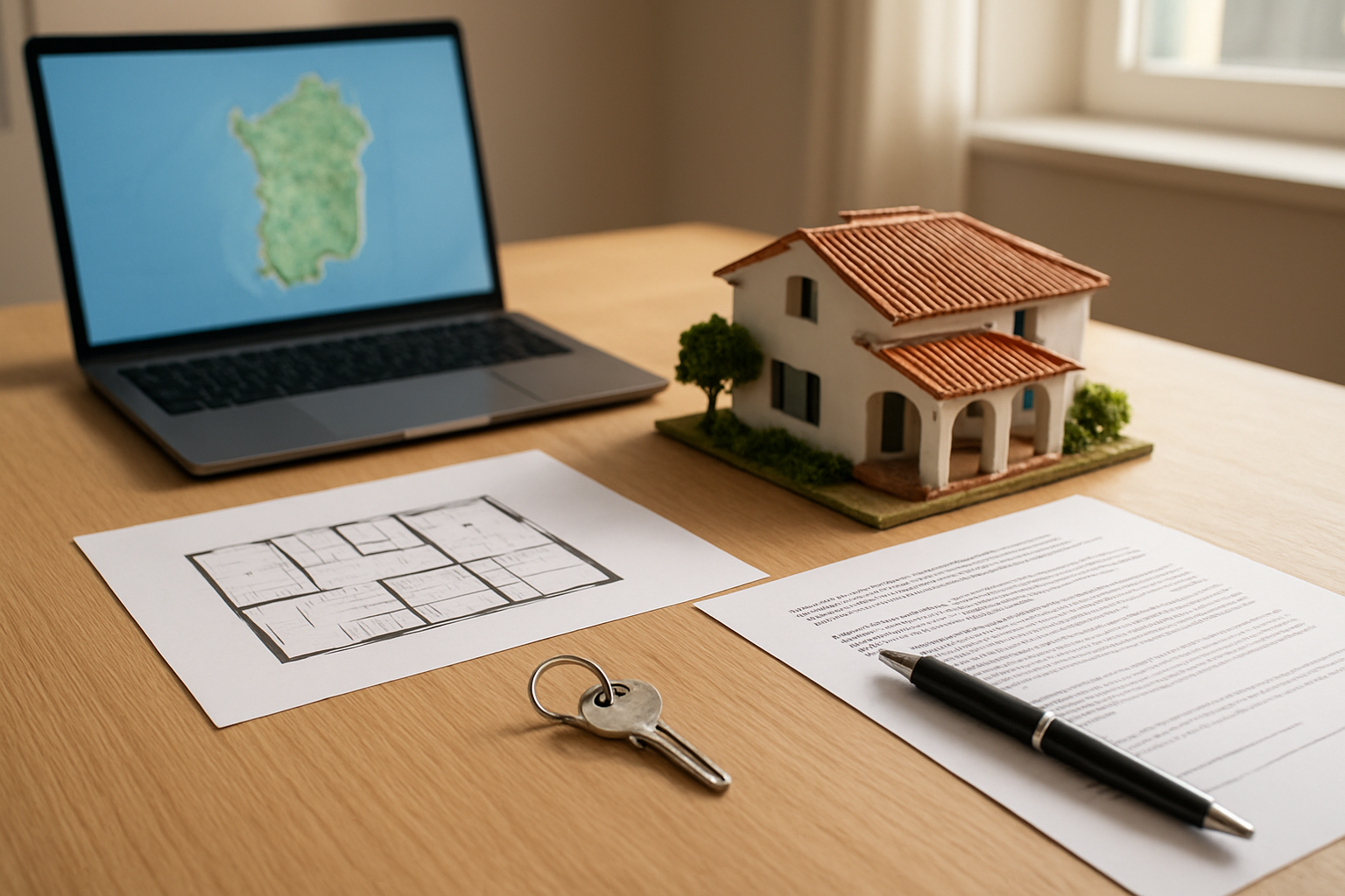 Create a realistic image of a clean, modern office desk with a step-by-step property buying process laid out as physical documents, including a property floor plan, a contract, and a set of keys placed neatly alongside a pen and a small model of a Sardinian coastal villa, with a laptop displaying a map of Sardinia in the background, warm natural lighting streaming through a window, creating a professional and organized atmosphere. Absolutely NO text should be in the scene.