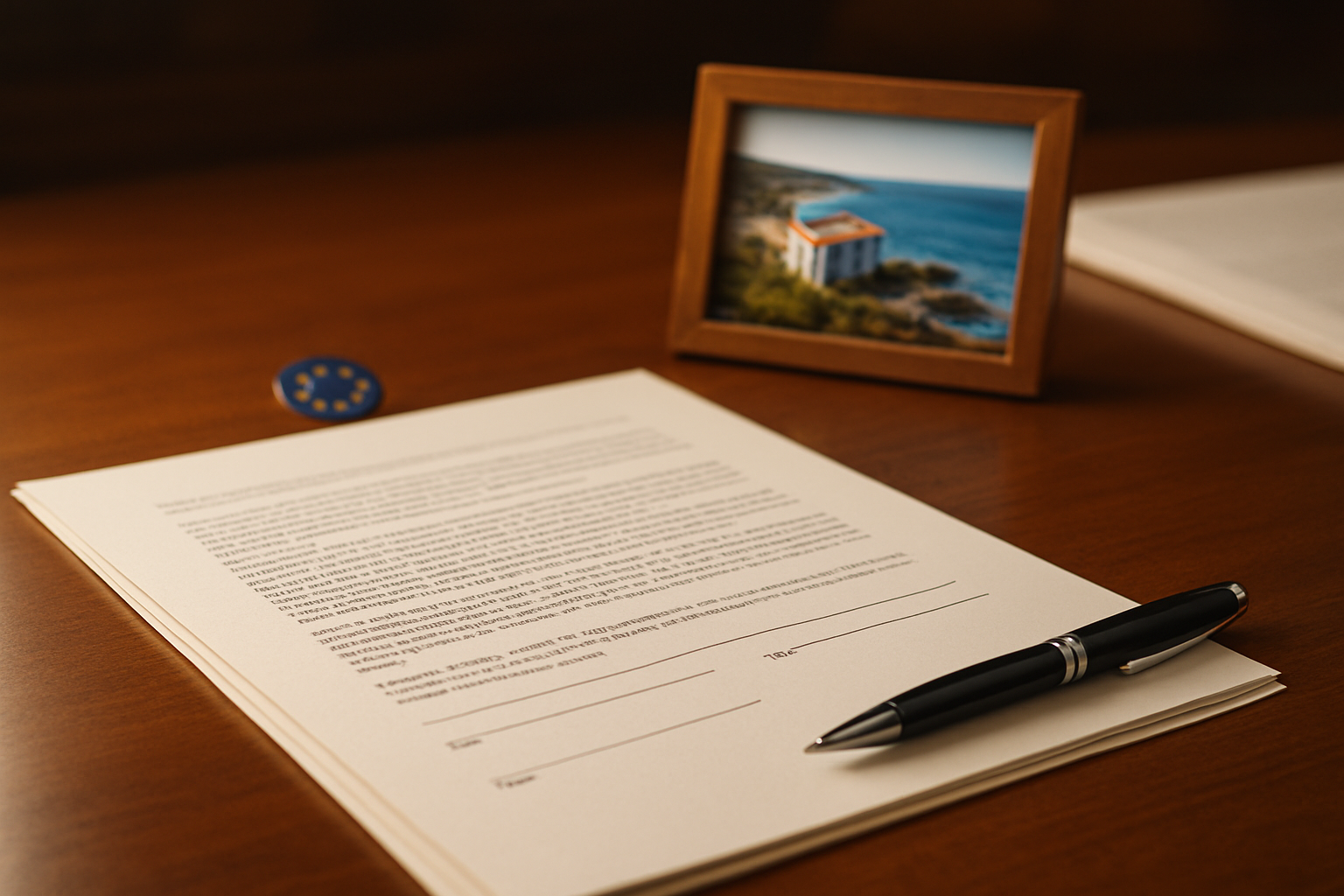 Create a realistic image of a clean, professional legal document setup on a polished wooden desk, featuring a Italian property deed or contract, a small Sardinian coastal property miniature or framed photo, a European Union flag pin, and a pen placed beside neatly organized legal papers, with a soft warm office lighting creating a trustworthy and secure atmosphere, shallow depth of field emphasizing the documents and property elements in the foreground, conveying legal safety and international real estate ownership. Absolutely NO text should be in the scene.