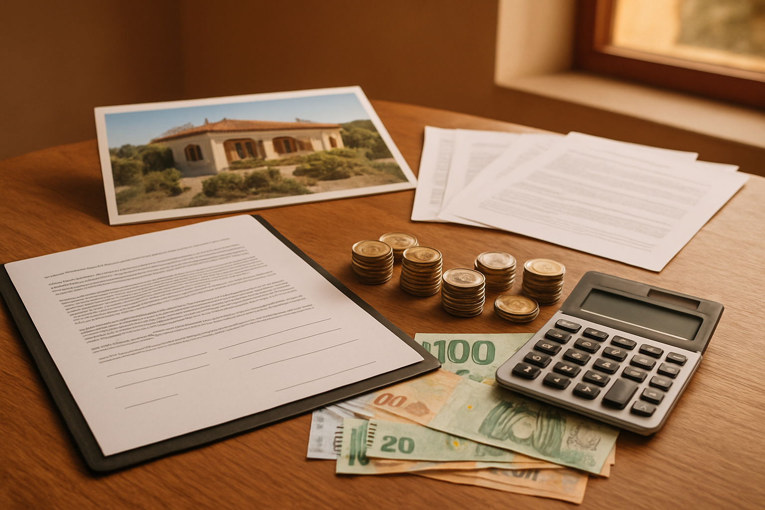 Create a realistic image of a wooden desk with a home purchase contract, a calculator, and several stacks of euro coins and banknotes spread out, alongside a printed property listing showing a Sardinian villa, with additional documents representing taxes, notary fees, and legal costs fanned out around it, set against a warm Mediterranean-toned office background with soft natural lighting filtering through a nearby window, conveying a sense of careful financial planning and hidden costs beyond the visible price tag. Absolutely NO text should be in the scene.