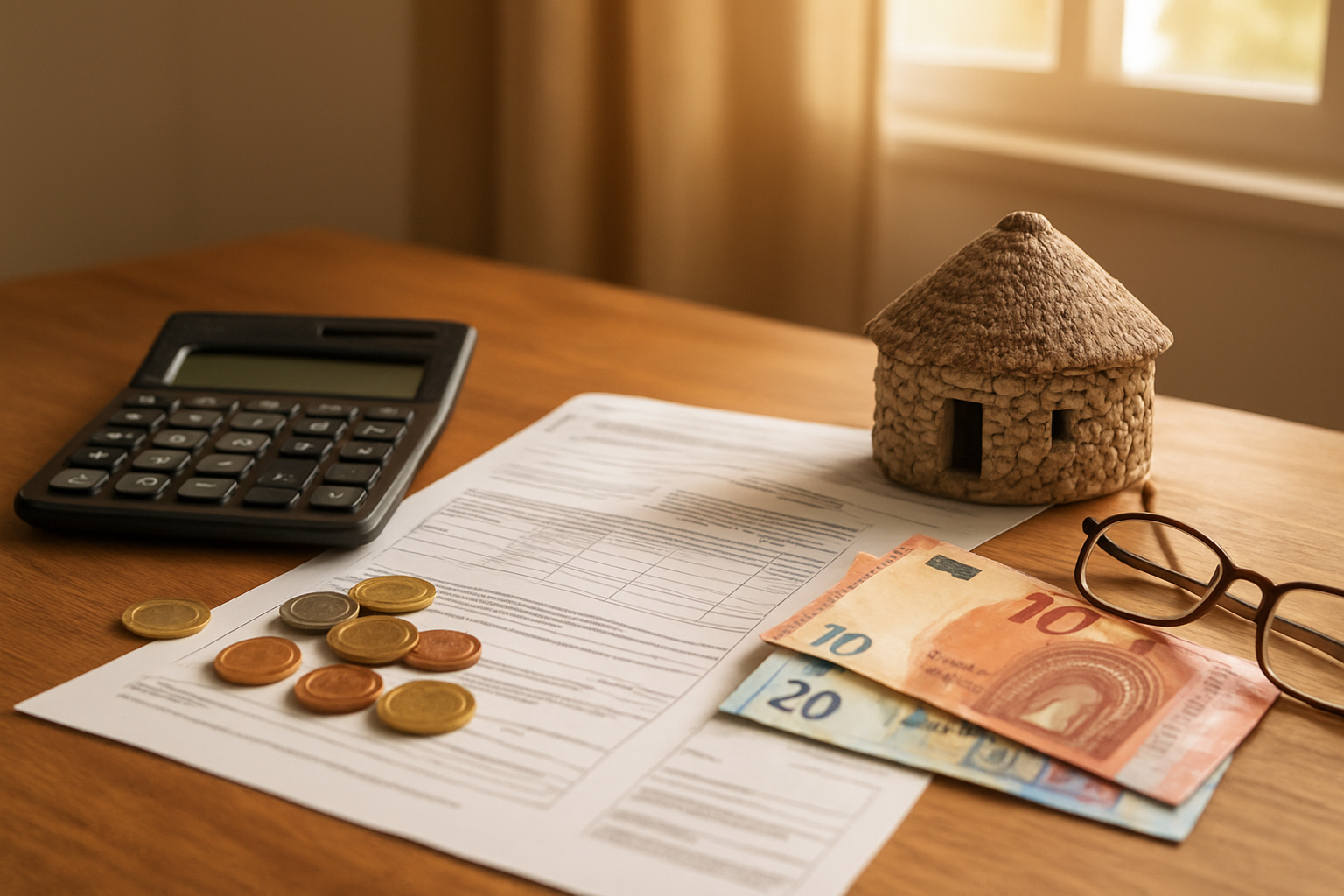 Create a realistic image of a wooden desk with Italian tax documents, a calculator, and Euro coins and banknotes neatly arranged on it, alongside a small model of a traditional Sardinian stone house, with a pair of reading glasses resting nearby, soft warm natural light streaming through a window in the background, conveying a sense of financial planning and savings, with a calm and optimistic mood. Absolutely NO text should be in the scene.