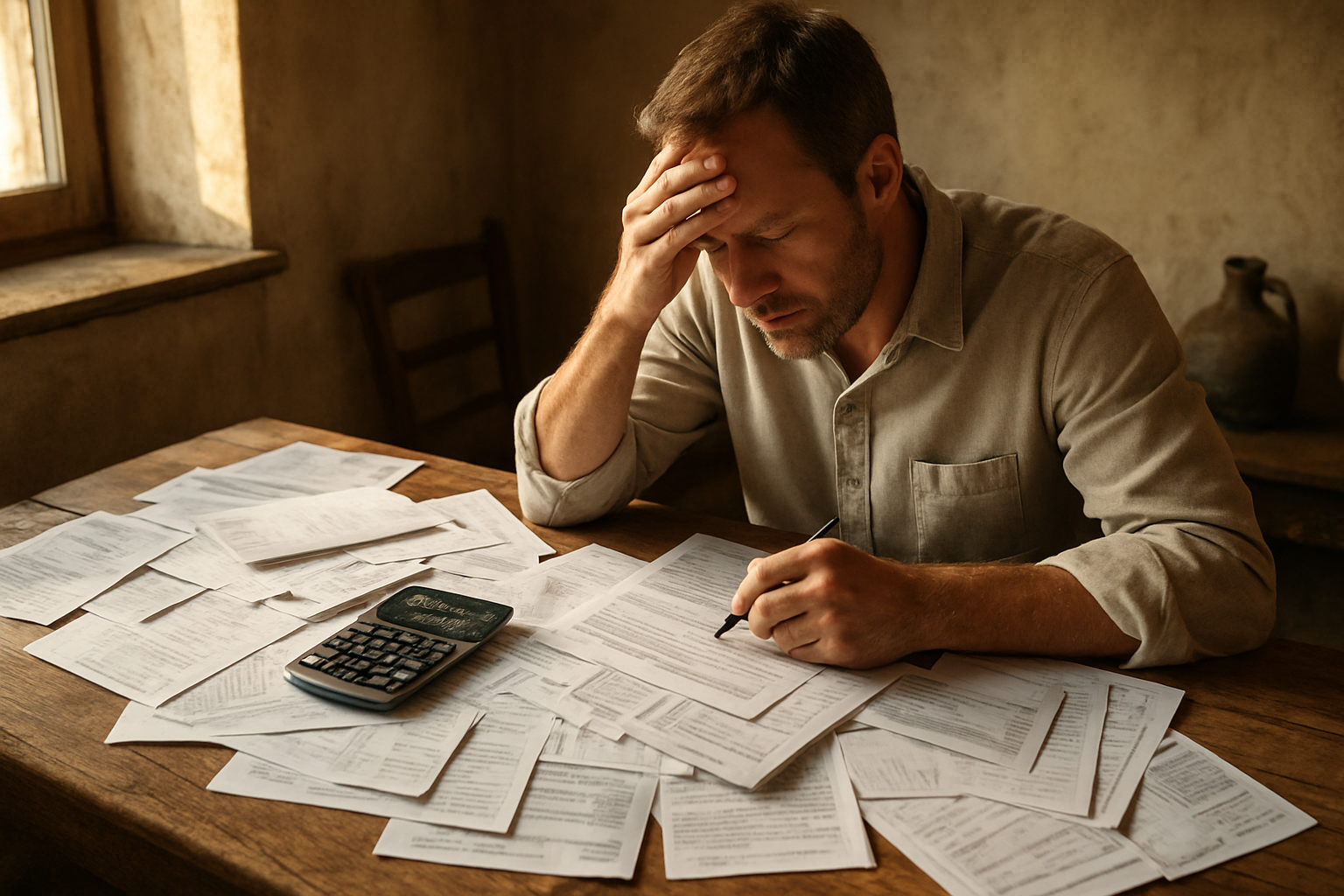 Create a realistic image of a wooden desk in a rustic Sardinian home office setting, covered with a scattered collection of utility bills, property tax documents, maintenance invoices, and expense receipts, alongside a calculator showing a large total, a pen, and a stressed expression visible from a white male reviewing the paperwork, with warm but slightly harsh afternoon light streaming through a window casting shadows over the overwhelming pile of financial documents, conveying a sense of unexpected financial burden and mounting costs, Absolutely NO text should be in the scene.