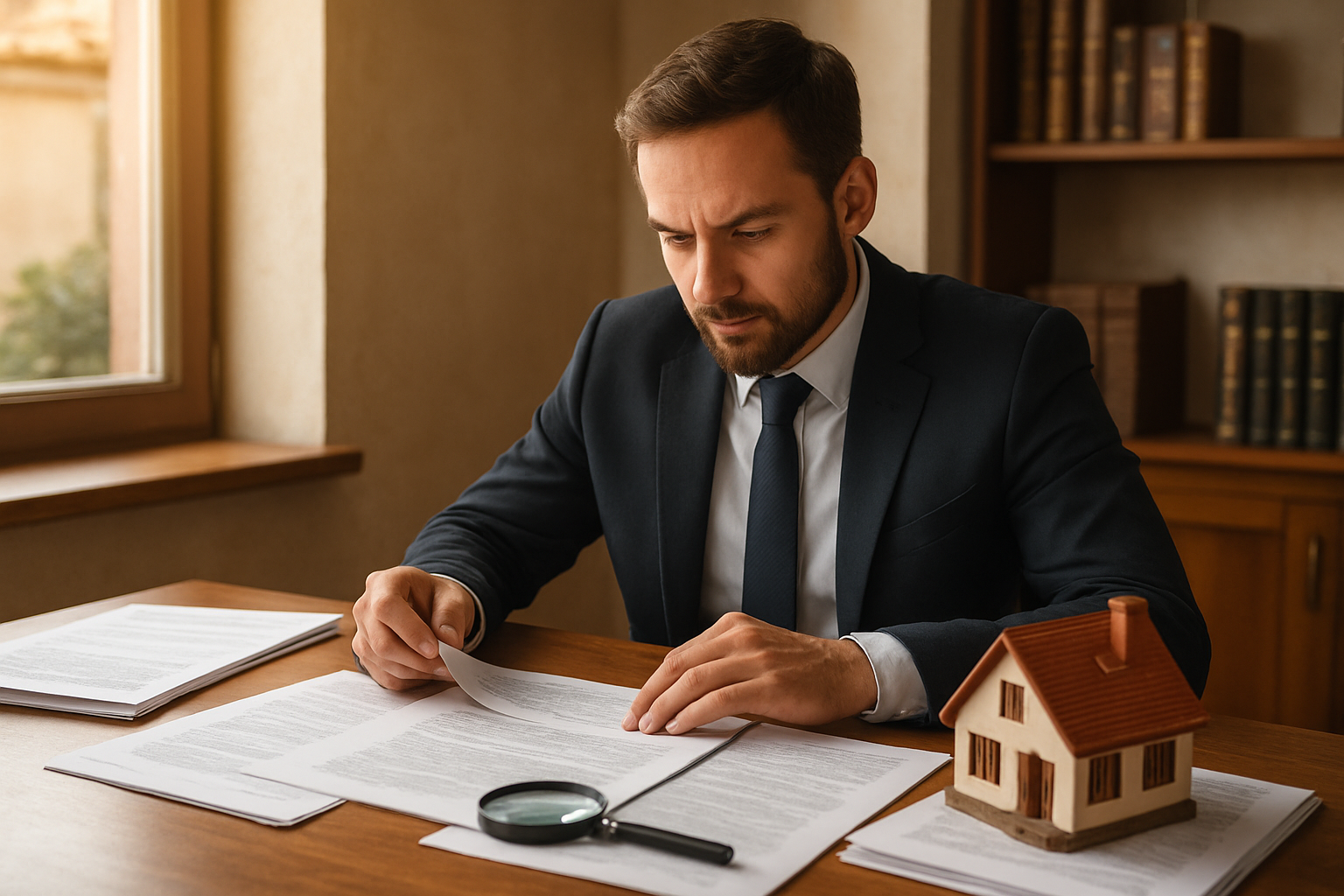 Create a realistic image of a white male lawyer or notary in a professional office setting in Sardinia, carefully reviewing a property purchase contract at a desk covered with organized legal documents, a house model, and a magnifying glass symbolizing due diligence, with warm Mediterranean sunlight streaming through the window, conveying a sense of caution, trust, and informed decision-making. Absolutely NO text should be in the scene.