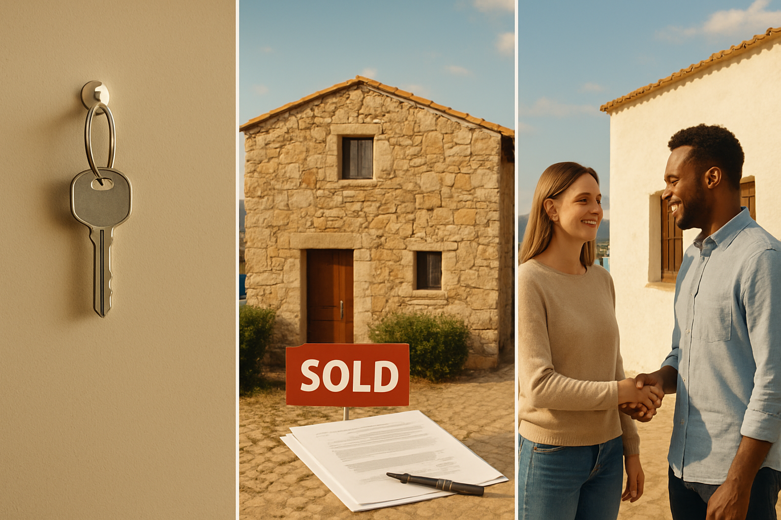 Create a realistic image of a split visual comparison scene set against a backdrop of a picturesque Sardinian coastal town with white-washed buildings and blue water in the distance, featuring three distinct visual zones side by side: the first showing a rental apartment with a simple key on a hook, the second showing a traditional Sardinian stone house with a sold sign and ownership documents, and the third showing two people, a white female and a black male, shaking hands in front of a shared property, symbolizing co-ownership, the scene is bathed in warm Mediterranean sunlight with a clear sky, evoking a sense of financial decision-making and lifestyle choice in Sardinia, the overall mood is informative yet inviting, with a realistic and clean aesthetic. Absolutely NO text should be in the scene.