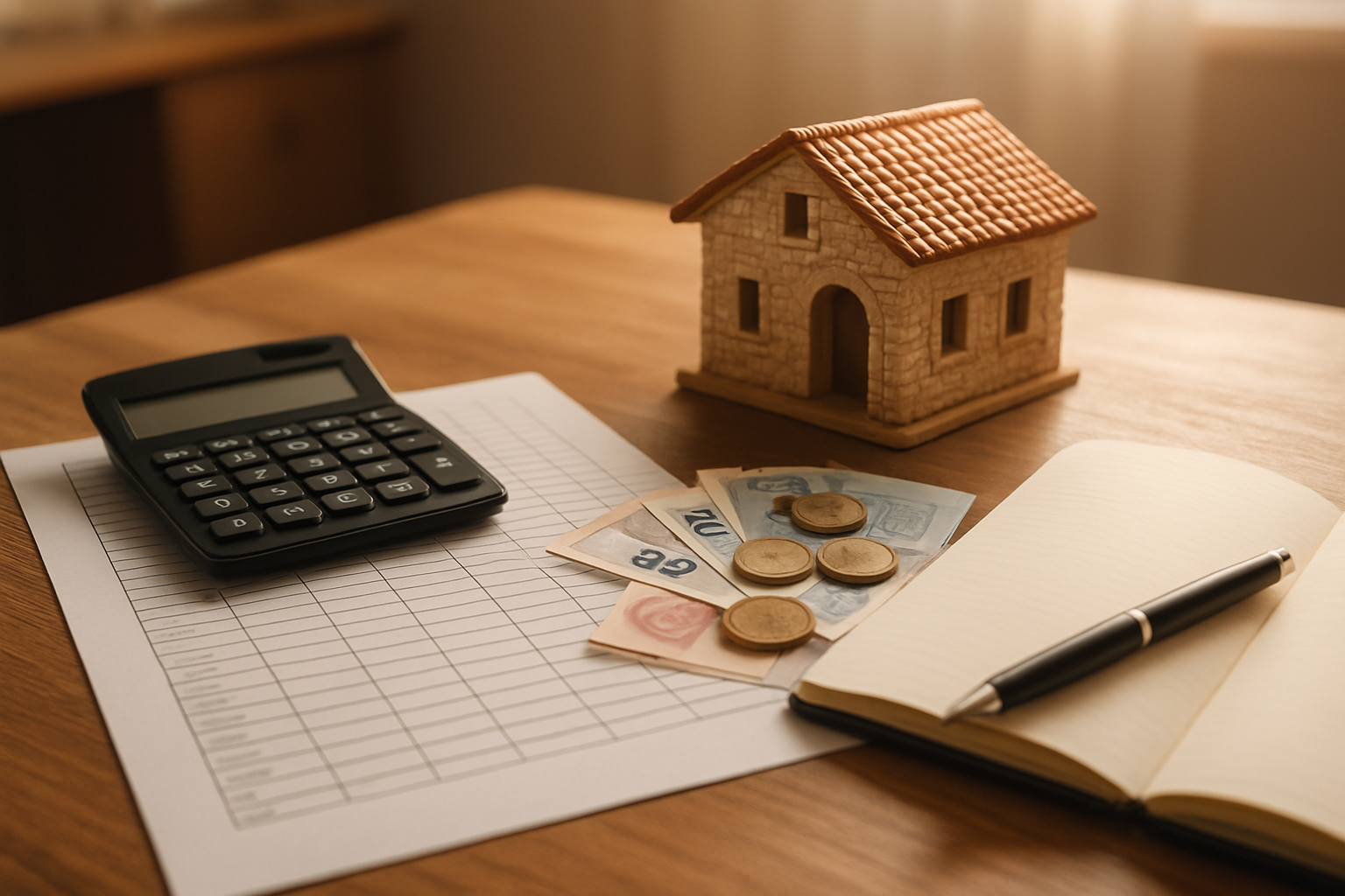 Create a realistic image of a wooden desk with a detailed financial planning layout including a calculator, a neat spreadsheet printout with budget columns, a small model of a Mediterranean-style stone house, euro banknotes and coins, and a pen resting on an open notebook, set against a warm, softly lit home office background evoking careful and organized financial planning, with natural light casting gentle shadows across the desk surface. Absolutely NO text should be in the scene.