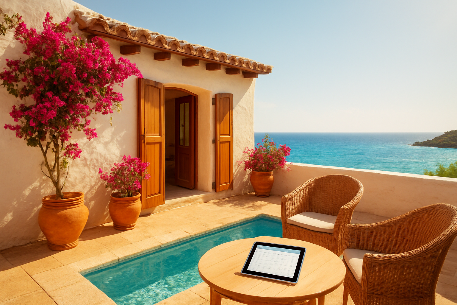 Create a realistic image of a charming whitewashed Sardinian vacation rental home with a sun-drenched terrace overlooking the turquoise Mediterranean Sea, featuring a welcoming outdoor seating area with potted bougainvillea in vibrant pink, a small pool reflecting the bright afternoon sunlight, and a "Booked" calendar visible on a tablet device resting on the terrace table, conveying a sense of profitable tourism and passive income, warm golden Mediterranean lighting, cheerful and prosperous mood. Absolutely NO text should be in the scene.