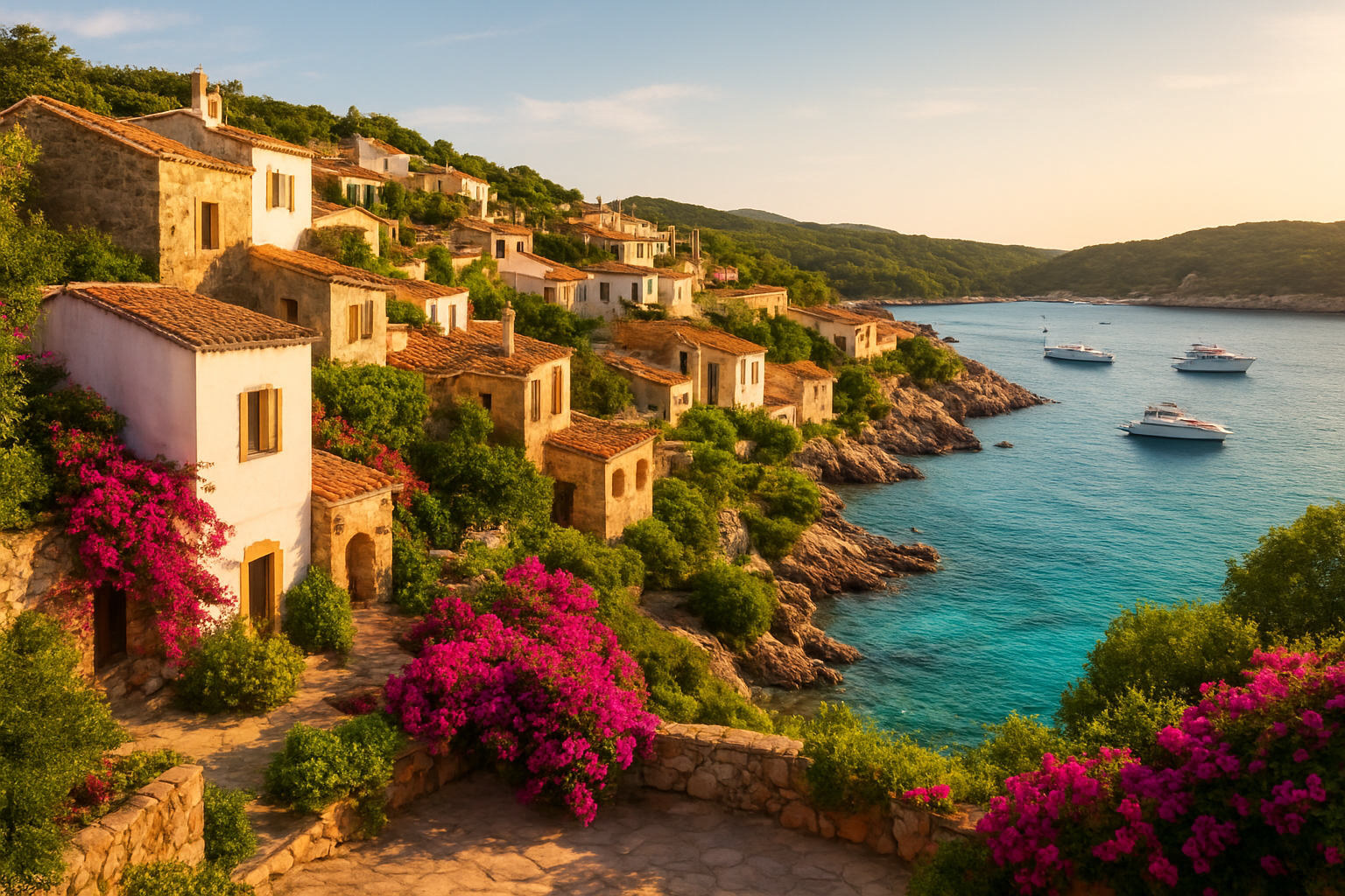Create a realistic image of a stunning Sardinian coastal village with charming Mediterranean-style white and terracotta stone homes cascading down a hillside toward a crystal-clear turquoise sea, featuring lush greenery, vibrant bougainvillea flowers, and a warm golden sunlight bathing the scene in an inviting and prosperous atmosphere, with a few luxury yachts visible in the calm bay below, conveying a sense of desirability, exclusivity, and natural beauty that makes the real estate market appealing, shot from a slightly elevated wide-angle perspective to capture both the architecture and the breathtaking coastal landscape. Absolutely NO text should be in the scene.