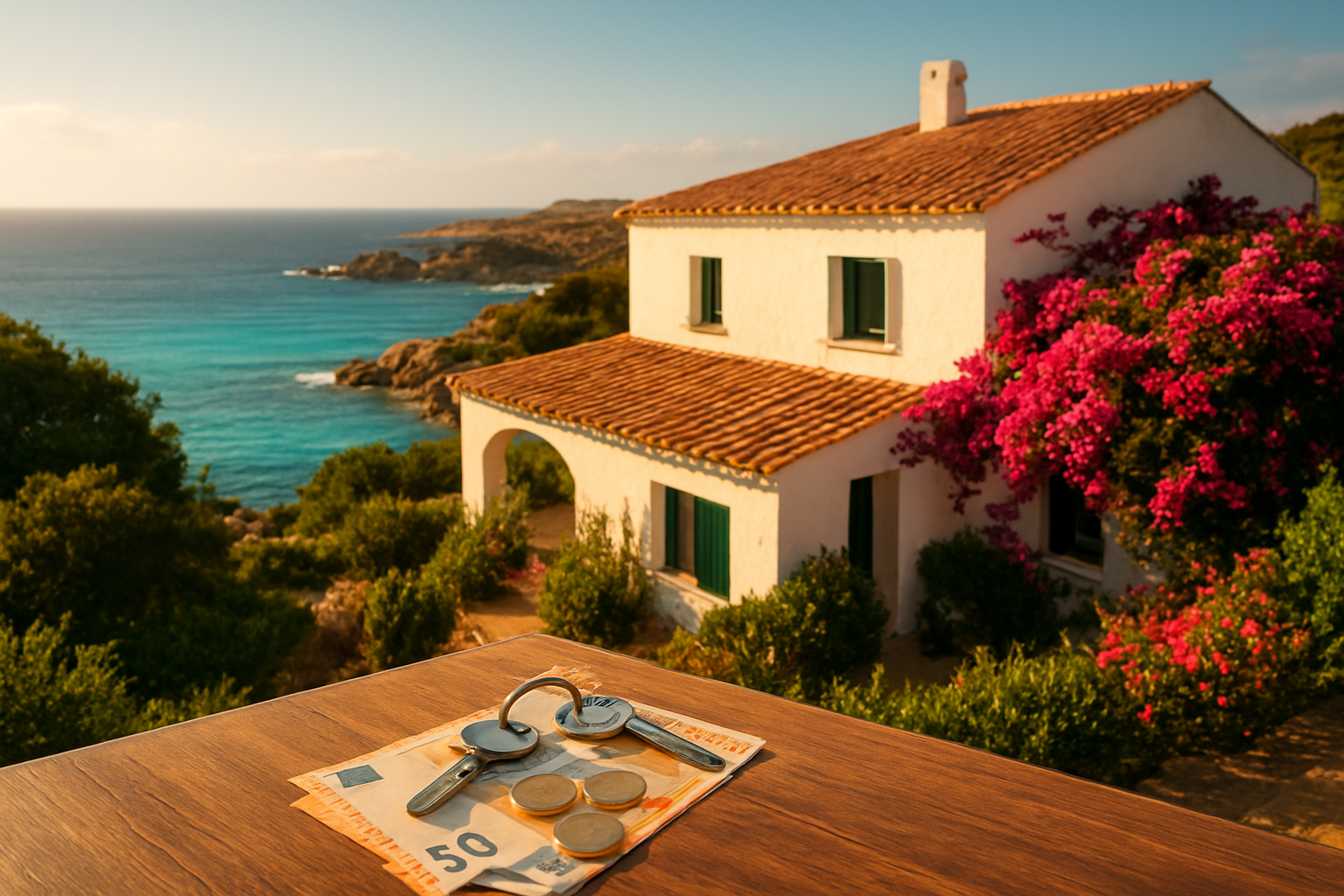 Create a realistic image of a stunning Sardinian coastal property with a charming white-washed Mediterranean villa featuring terracotta roof tiles, surrounded by lush greenery and vibrant bougainvillea, overlooking a breathtaking turquoise sea, with a small wooden table in the foreground holding a set of house keys and a few euro coins and banknotes suggesting a financial transaction, bathed in warm golden afternoon sunlight that creates an optimistic and aspirational mood, with the iconic Sardinian rocky coastline and crystal-clear water visible in the background, evoking a sense of attainable dream ownership and financial clarity. Absolutely NO text should be in the scene.
