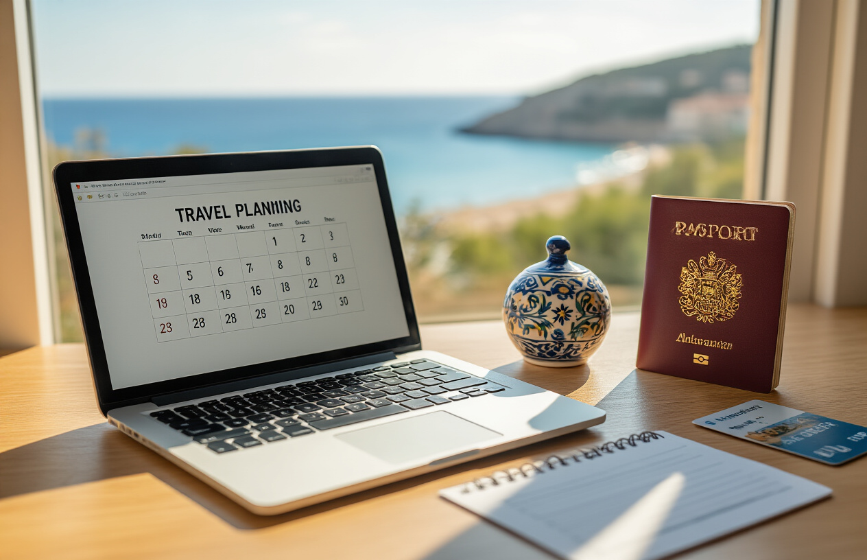 Create a realistic image of a neatly organized travel planning workspace featuring a open laptop, a printed calendar, a passport, a credit card, and a small decorative Sardinian ceramic tile, all arranged on a clean wooden desk, with a blurred background showing a sunny Mediterranean coastal view through a window, warm natural lighting casting soft shadows across the desk, conveying a sense of thoughtful preparation and anticipation, the mood calm and focused. Absolutely NO text should be in the scene.