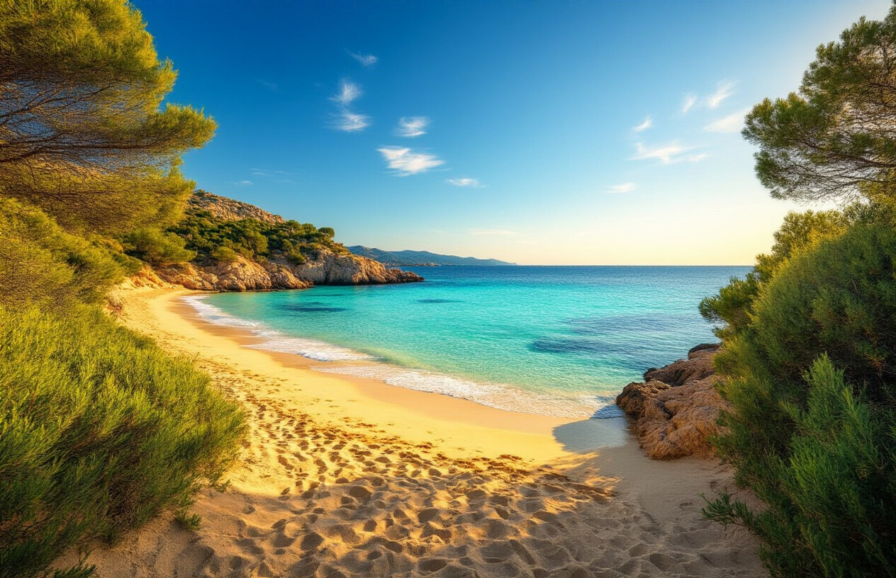 Create a realistic image of a stunning Sardinian coastal scene in late September, featuring crystal-clear turquoise water gently lapping against golden sandy shores, with lush green Mediterranean vegetation framing the beach, the summer crowds completely absent leaving the beach serene and peaceful, a warm golden afternoon sun casting a soft glowing light over the landscape, the sky a deep vivid blue with a few wispy clouds, the overall mood calm, inviting, and paradisiacal, capturing the perfect balance between summer warmth and autumn tranquility. Absolutely NO text should be in the scene.