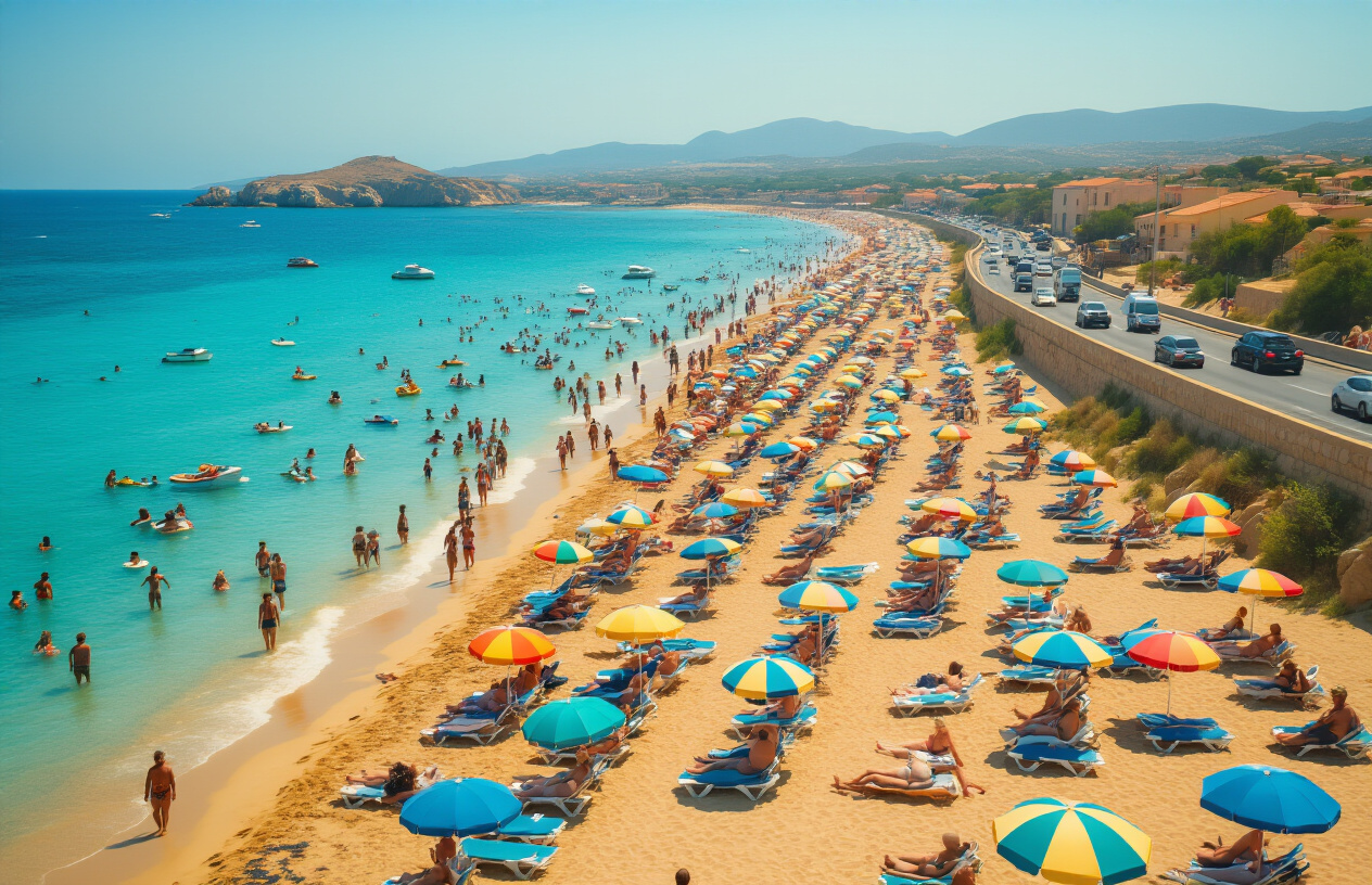 Create a realistic image of a crowded Sardinian beach in the peak of summer, with packed golden sand barely visible beneath rows of colorful umbrellas and sun loungers stretching along the coastline, bumper-to-bumper traffic visible on a coastal road in the background, tourists crowding the shoreline and shallow turquoise water, the scene bathed in intense, harsh midday sunlight casting strong shadows, conveying a sense of overwhelming heat and overcrowding rather than relaxed luxury, with a hazy sky suggesting scorching temperatures, Absolutely NO text should be in the scene.