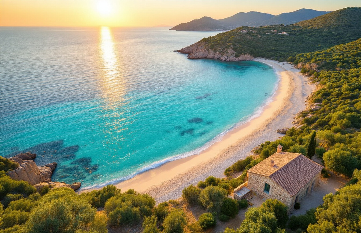Create a realistic image of a stunning aerial view of a pristine Sardinian coastline at golden hour in late summer, featuring turquoise-blue waters gently lapping against white sandy beaches, with a charming Mediterranean stone villa partially visible among lush green hillside vegetation overlooking the sea, warm golden sunlight casting a soft glow across the landscape, the mood evoking both the allure of a perfect holiday destination and the dream of permanent ownership, the scene feeling peaceful, aspirational, and inviting with a seamless blend of natural beauty and elegant coastal living, Absolutely NO text should be in the scene.