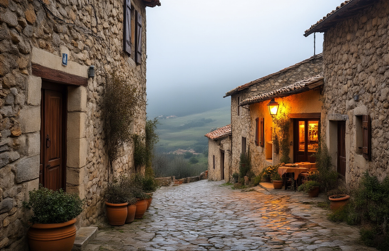 Create a realistic image of a charming, narrow cobblestone street in a quiet Sardinian hilltop village during the off-season, featuring ancient stone buildings with rustic wooden doors and shuttered windows draped in dried herbs, a small traditional trattoria with warm amber lighting glowing from within, terracotta pots with winter blooms lining the pathway, misty rolling hills and olive groves visible in the background, soft overcast winter light casting a moody yet inviting atmosphere, the scene feeling peaceful and undiscovered with no crowds, evoking a sense of authentic local life and hidden charm beyond the tourist beaches. Absolutely NO text should be in the scene.