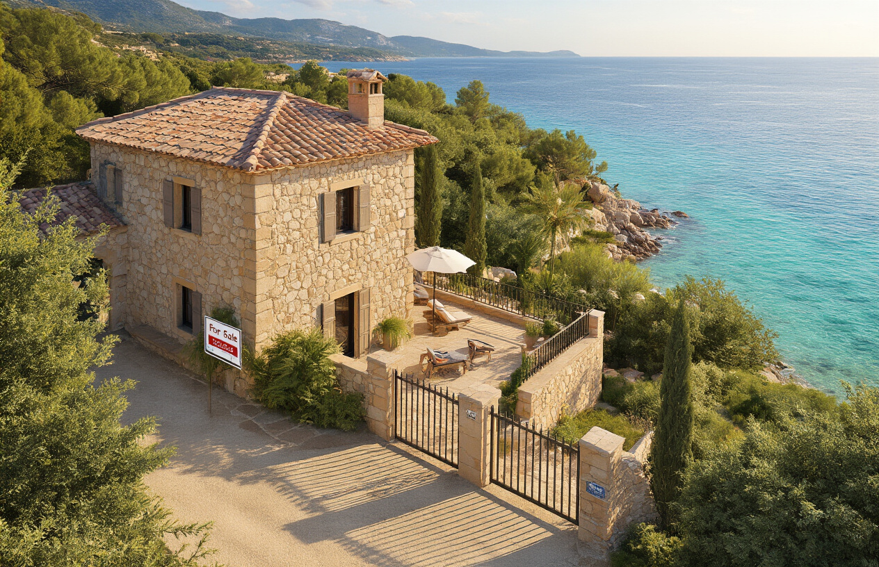 Create a realistic image of a elegant stone villa with terracotta roof tiles nestled among lush Mediterranean vegetation in Sardinia, featuring a sun-drenched terrace overlooking the crystal-clear turquoise waters of the Sardinian coast, with a "For Sale" real estate sign subtly placed near the entrance gate, warm golden afternoon light casting a welcoming glow over the property, conveying a sense of luxury, permanence, and the dream of owning a slice of paradise rather than just visiting, Absolutely NO text should be in the scene.