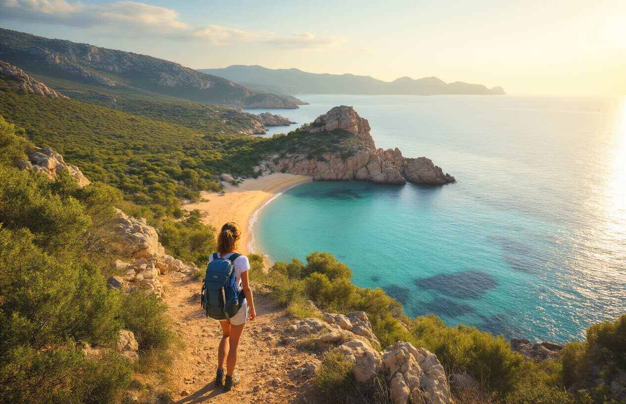 Create a realistic image of a stunning Sardinian coastal landscape in mild spring or early autumn light, featuring a white female hiker with a backpack standing on a scenic cliff trail overlooking a turquoise Mediterranean cove with golden sandy beaches, the surroundings lush and green without summer crowds, the atmosphere fresh and inviting with soft golden sunlight casting warm tones across the rocky coastline and calm sea below, suggesting ideal conditions for outdoor exploration and budget-friendly travel. Absolutely NO text should be in the scene.