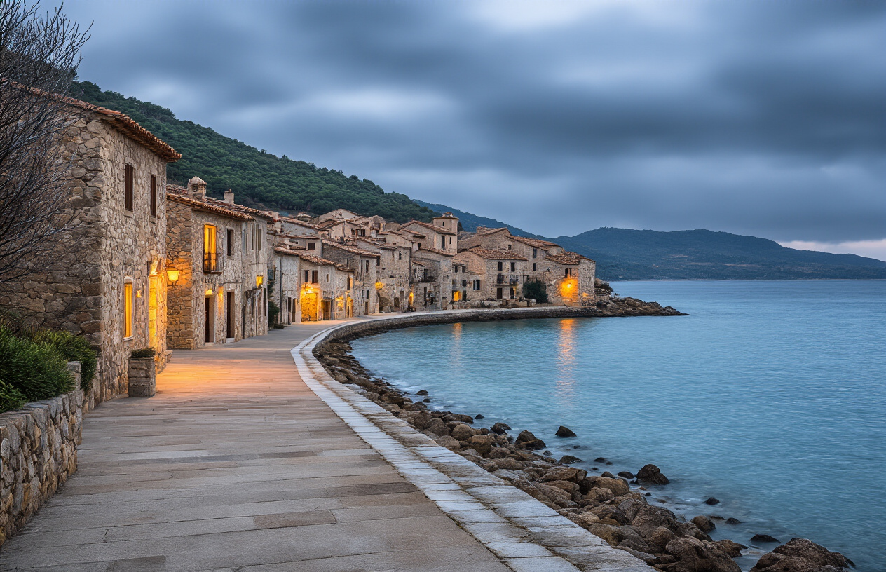 Create a realistic image of a peaceful Sardinian coastal village in winter, featuring traditional stone buildings with warm glowing windows along a quiet, nearly empty seaside promenade, with a dramatic overcast sky casting soft diffused light over calm steel-blue Mediterranean waters, lush green hillsides visible in the background, a few bare-branched trees swaying gently, and an overall mood of serene solitude and off-season tranquility that contrasts with the busy summer tourist season. Absolutely NO text should be in the scene.
