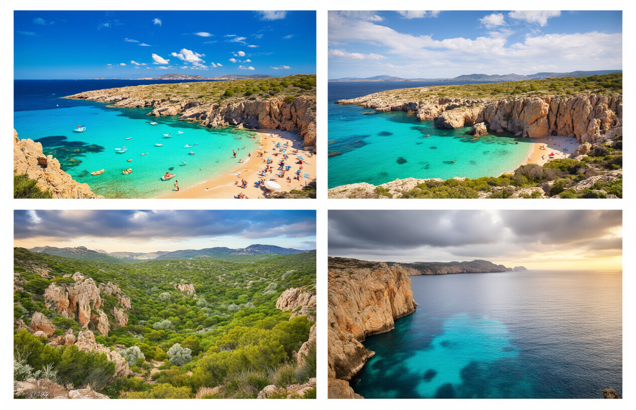 Create a realistic image of a stunning coastal Sardinian landscape shown in a split-scene or triptych-style composition depicting the same picturesque cove across different seasons — one side showing a vibrant, sun-drenched summer beach with turquoise waters packed with energy, the middle showing a lush green spring or autumn version with soft golden light and peaceful empty shores, and the other side showing a quiet, moody winter scene with dramatic skies and calm deep blue waters — the contrast highlighting the dramatic seasonal transformation of the same location, with rugged limestone cliffs, Mediterranean vegetation, and crystal-clear sea visible throughout, warm and atmospheric lighting emphasizing the passage of time and seasonal change, Absolutely NO text should be in the scene.