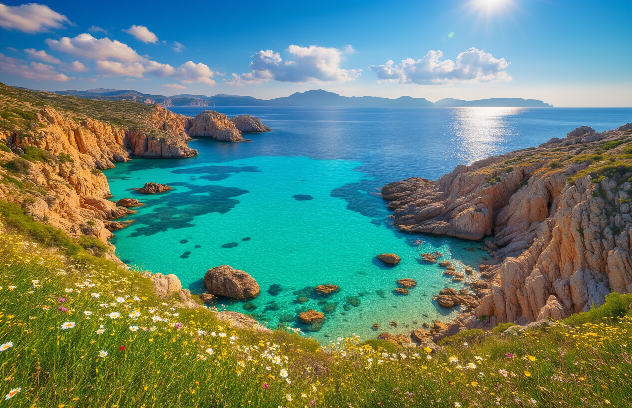 Create a realistic image of a stunning coastal Sardinian landscape shown across a visual progression of seasonal changes, featuring the same scenic Mediterranean cove with crystal-clear turquoise water and rocky cliffs, transitioning from a lush green spring atmosphere with wildflowers to a bright golden summer with intense sunlight, then to a warm amber autumn with softer light, and finally to a quiet, misty winter scene with dramatic skies, all depicted in a single panoramic composite-style scene that conveys the passage of time through color, light, and mood, with the Mediterranean Sea and rugged coastline as the consistent backdrop, bathed in varying natural lighting that reflects each season's unique character. Absolutely NO text should be in the scene.