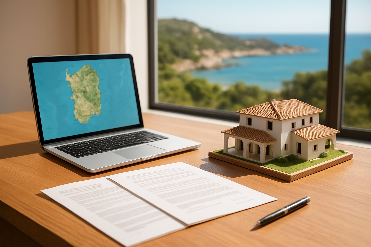 Create a realistic image of a well-lit modern workspace featuring a wooden desk with a open laptop displaying a map of Sardinia, alongside neatly arranged property documents, a small architectural model of a Mediterranean villa, and a pen, set against a blurred background of a sunlit Sardinian coastal landscape visible through a large window, evoking a professional yet inviting atmosphere of informed real estate decision-making, with warm natural light streaming in to highlight the documents and laptop. Absolutely NO text should be in the scene.