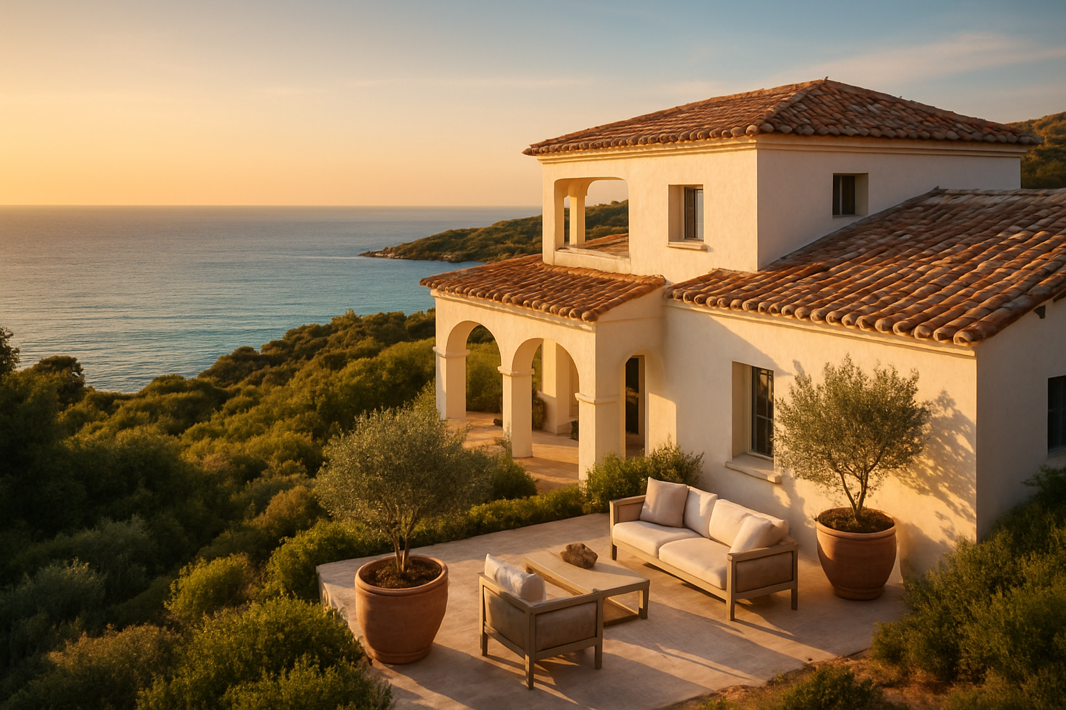 Create a realistic image of a stunning luxury villa in Sardinia, Italy, with white stone architecture and terracotta roof tiles, nestled on a coastal hillside overlooking a breathtaking turquoise Mediterranean Sea, surrounded by lush Mediterranean vegetation, captured during golden hour with warm sunlight casting a soft glow across the scene, evoking a sense of achievement, exclusivity, and smart investment, with a private terrace featuring elegant outdoor furniture and potted olive trees in the foreground, and the vast shimmering sea stretching to the horizon in the background, creating an aspirational and serene atmosphere. Absolutely NO text should be in the scene.