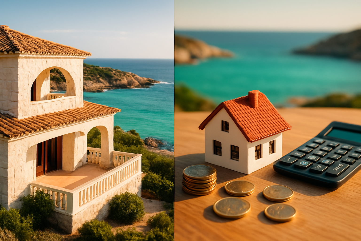 Create a realistic image of a side-by-side visual comparison scene set in Sardinia, Italy, featuring a luxurious Sardinian coastal villa with white stone architecture and terracotta roof tiles on one side, and on the other side a set of financial elements including a small model house, euro coins, and a calculator arranged neatly on a sunlit wooden table, with the stunning turquoise Mediterranean sea and rocky Sardinian coastline visible in the soft-focus background, the overall mood is aspirational yet financially savvy, bathed in warm golden Mediterranean sunlight suggesting opportunity and smart investment, Absolutely NO text should be in the scene.