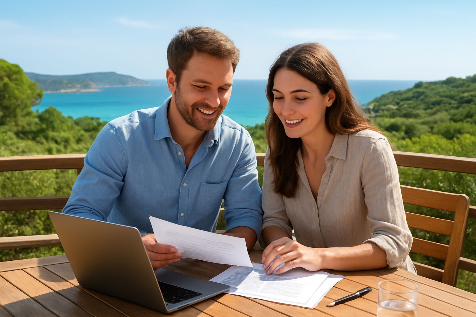 Create a realistic image of a white male and white female couple sitting together at a sunlit wooden table outdoors on a terrace overlooking the Sardinian coastline, reviewing property documents and a laptop showing real estate listings, with a glass of water and a pen nearby, the background featuring the stunning blue Mediterranean sea and lush Sardinian landscape under bright natural daylight, conveying a sense of excitement and careful planning, the mood being optimistic and forward-looking. Absolutely NO text should be in the scene.