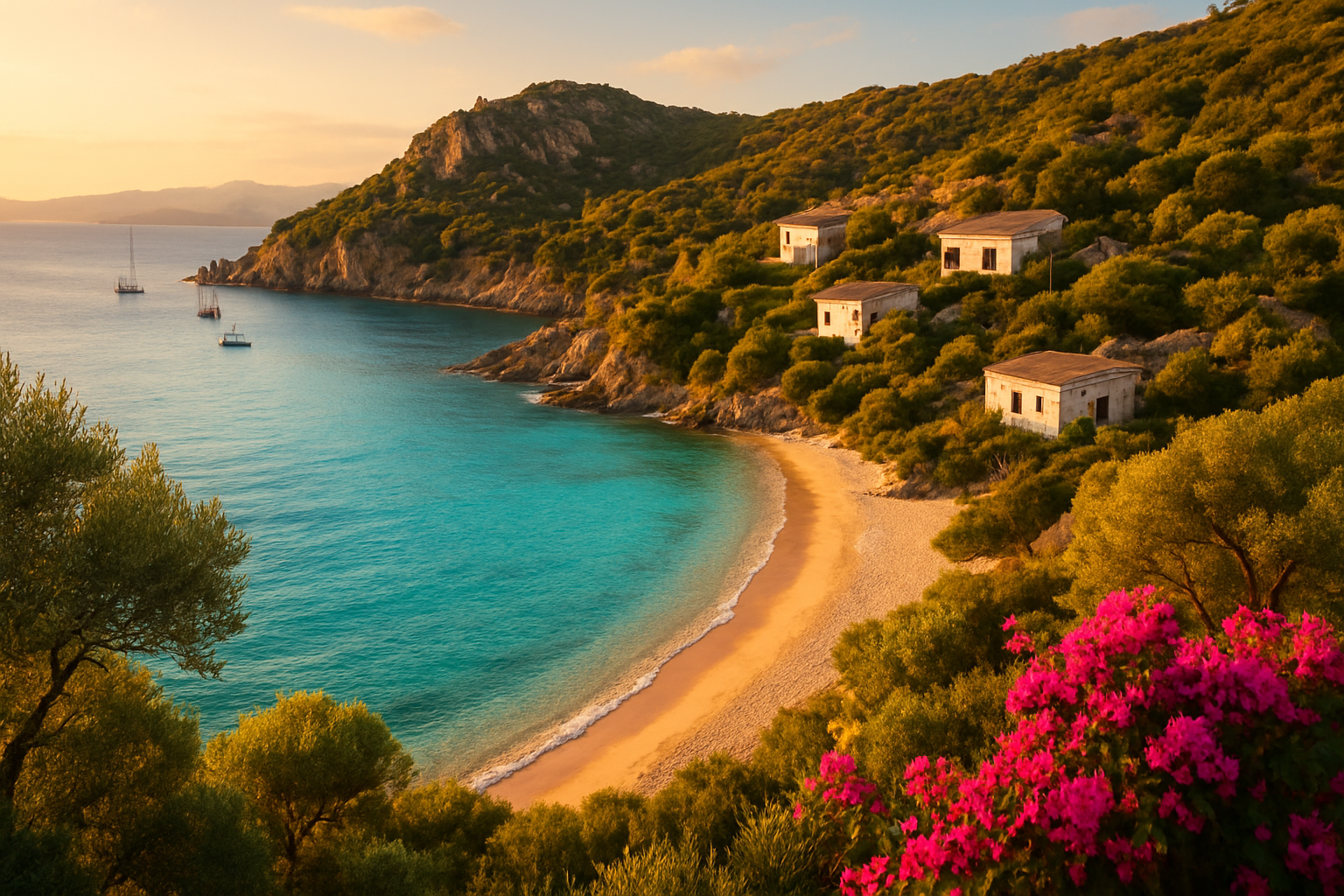 Create a realistic image of a breathtaking panoramic view of Sardinia, Italy, featuring crystal-clear turquoise waters meeting a pristine sandy coastline, with dramatic rocky cliffs covered in lush Mediterranean vegetation, traditional whitewashed Sardinian stone villas nestled into the hillside overlooking the sea, warm golden sunlight casting a glowing ambiance across the landscape, a few sailboats dotting the calm bay in the distance, lush olive trees and vibrant bougainvillea framing the foreground, conveying a sense of luxury, natural beauty, and investment allure, shot during the golden hour for a rich, inviting atmosphere. Absolutely NO text should be in the scene.