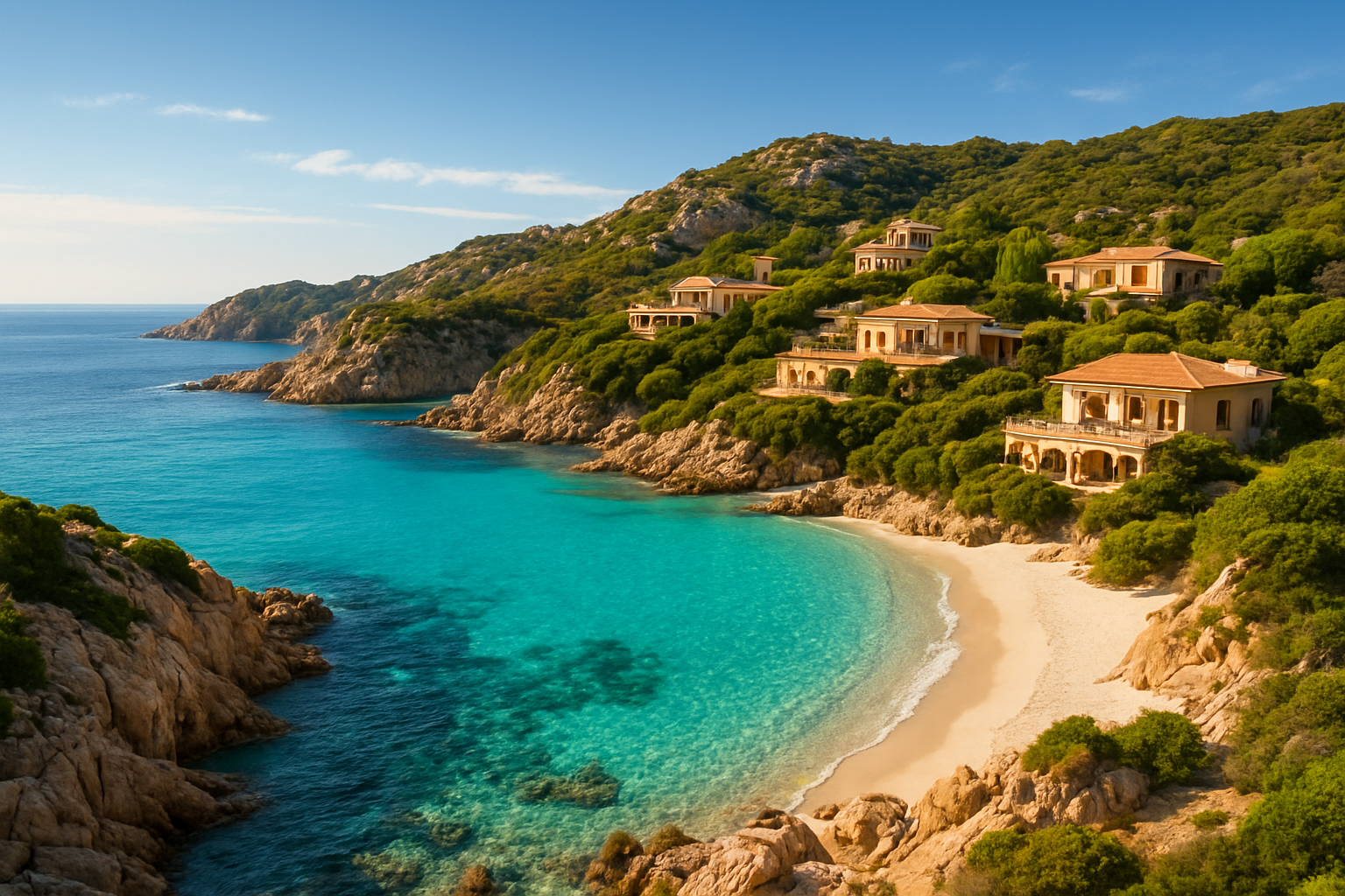 Create a realistic image of a breathtaking panoramic view of Sardinia's coastline featuring crystal-clear turquoise waters, dramatic rocky cliffs, and pristine white sandy beaches, with luxury Mediterranean-style villas nestled among lush green hillsides overlooking the sea, bathed in warm golden sunlight under a vivid blue sky, conveying an atmosphere of exclusivity, natural beauty, and desirability that defines one of Europe's most sought-after property destinations. Absolutely NO text should be in the scene.
