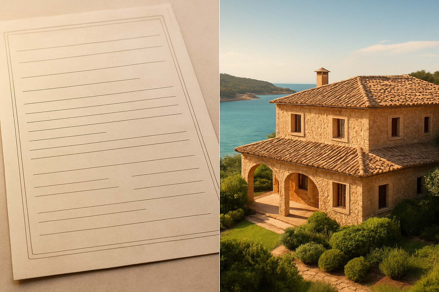 Create a realistic image of a elegant Sardinian coastal villa with a split-screen or layered visual concept showing a property deed or ownership document divided into equal sections alongside a stunning Mediterranean stone house with terracotta roof tiles, turquoise sea views, and lush greenery in the background, with soft warm sunlight casting a golden glow over the scene, conveying a sense of shared luxury and smart investment, with no people present, the mood being aspirational yet approachable and financially savvy. Absolutely NO text should be in the scene.