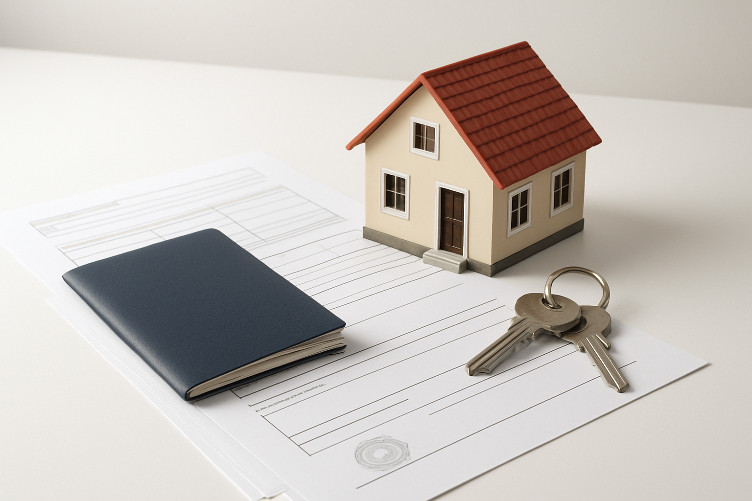 Create a realistic image of a neatly organized desk with essential property buying documents including a passport, official forms, and a fiscal code certificate laid out flat, alongside a small model house and a set of keys, set against a clean white background with soft natural lighting creating a professional and trustworthy mood, symbolizing the prerequisites and paperwork required before purchasing property in Sardinia. Absolutely NO text should be in the scene.