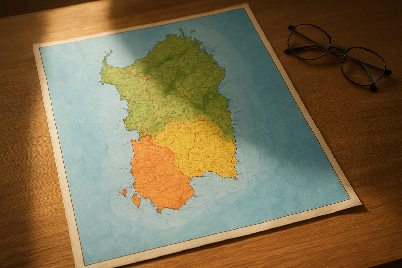 Create a realistic image of a detailed map of Sardinia, Italy, displayed as a physical paper map on a wooden table, with certain coastal and interior regions highlighted in contrasting colors to indicate restricted and permitted zones, a pair of reading glasses resting beside the map, warm natural light illuminating the scene from a nearby window, creating a focused and informative atmosphere, with the Mediterranean Sea visible as a soft blue backdrop around the island's outline. Absolutely NO text should be in the scene.