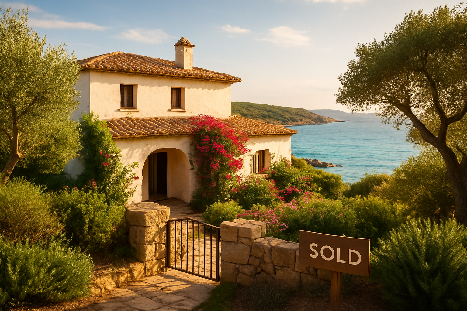 Create a realistic image of a stunning Sardinian coastal property with white stone architecture and terracotta roof tiles, overlooking a turquoise Mediterranean sea, with a small wooden "sold" sign subtly placed near the entrance gate, surrounded by lush Mediterranean vegetation including olive trees and bougainvillea, bathed in warm golden afternoon sunlight that evokes a sense of accomplishment and new beginnings, with a relaxed and optimistic mood suggesting a successful property purchase, wide-angle perspective capturing both the charming villa and the breathtaking coastal landscape in the background. Absolutely NO text should be in the scene.