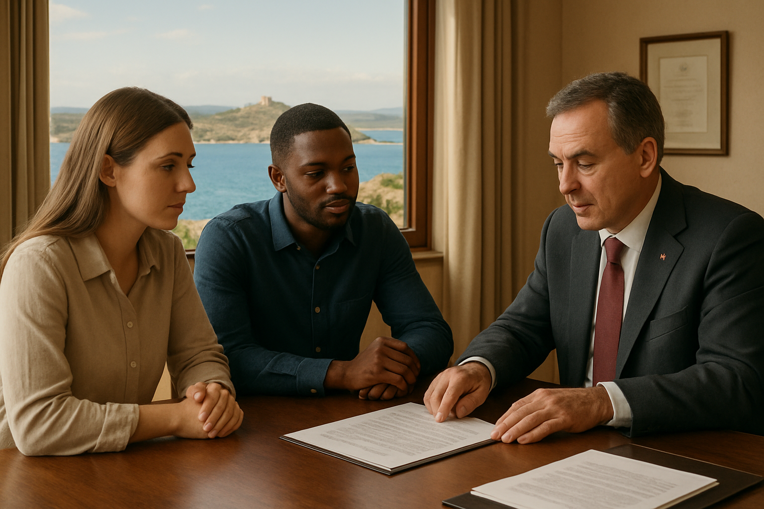 Create a realistic image of a diverse group of foreigners, including a white female and a black male, sitting across a desk from a professional Italian notary in a formal office setting in Sardinia, reviewing property documents and legal paperwork, with a scenic Sardinian coastal view visible through a large window in the background, warm natural lighting filling the room, conveying a sense of legitimacy, trust, and international real estate transaction. Absolutely NO text should be in the scene.