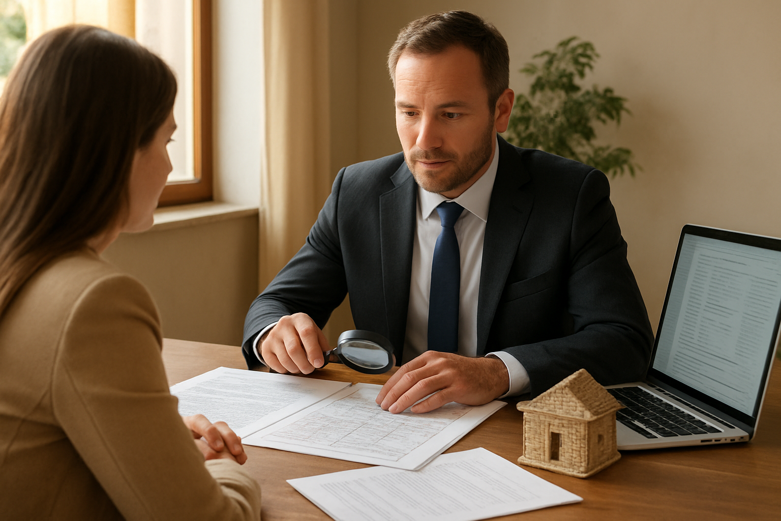 Create a realistic image of a white male lawyer or notary in a formal suit sitting across a desk from a white female client in a bright, professional office setting in Sardinia, reviewing official property documents and a land registry map together, with a magnifying glass placed on the papers to symbolize careful scrutiny, a laptop open showing digital records, and a small model of a traditional Sardinian stone house on the desk as a subtle regional reference, the scene lit with warm natural light from a nearby window conveying trust, diligence, and protection, with an overall mood of careful due diligence and legal security. Absolutely NO text should be in the scene.
