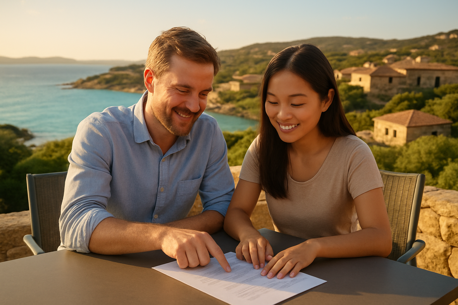 Create a realistic image of two people, a white male and an Asian female, sitting together at a modern outdoor table overlooking a stunning Sardinian coastal landscape with turquoise waters and traditional stone villas in the background, both reviewing property documents and pointing at a shared agreement paper on the table, with a warm golden afternoon light casting a relaxed and optimistic mood, symbolizing a collaborative and straightforward property co-ownership arrangement in Sardinia. Absolutely NO text should be in the scene.