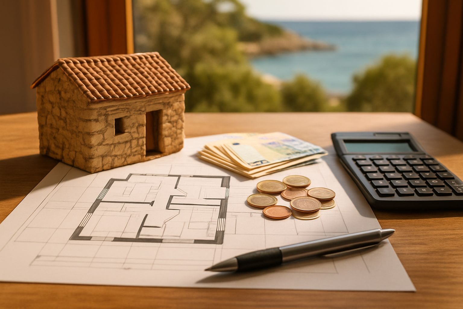 Create a realistic image of a neatly organized financial document layout on a wooden desk featuring a property floor plan, a small model of a rustic Sardinian stone house, euro banknotes and coins, a calculator, and a pen, set against a softly blurred background of a sunny Sardinian coastal landscape visible through a window, with warm natural lighting creating a professional yet inviting atmosphere. Absolutely NO text should be in the scene.