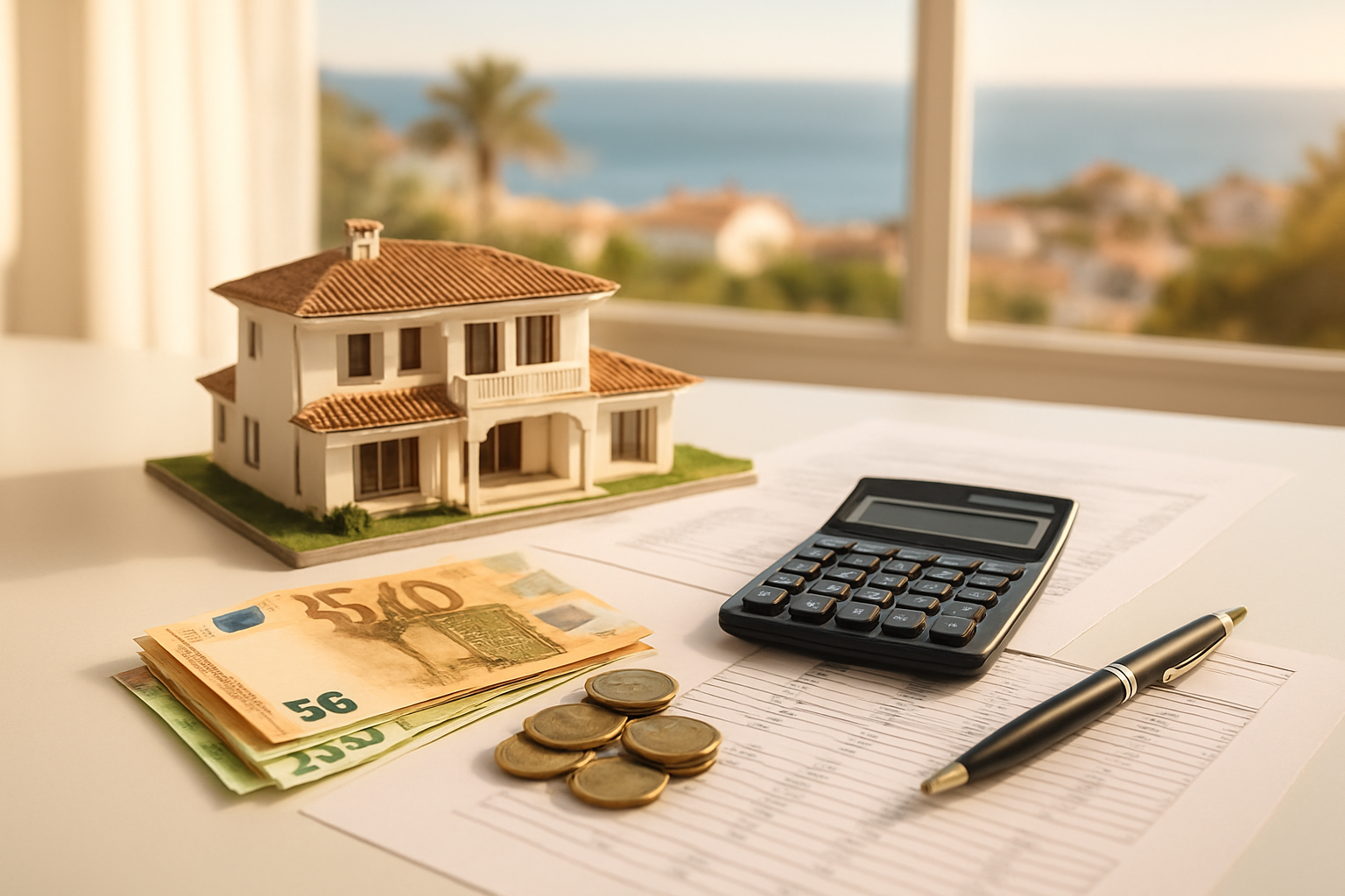 Create a realistic image of a neatly arranged flat lay on a clean white desk surface featuring a property purchase cost breakdown scene, including a small architectural model of a luxury Marbella villa, euro banknotes and coins, a calculator, a pen, and several official-looking documents with financial figures, with a blurred background showing a sun-drenched Mediterranean coastal view through a window, warm and professional lighting casting soft shadows across the desk, conveying a sense of financial planning and real estate investment. Absolutely NO text should be in the scene.